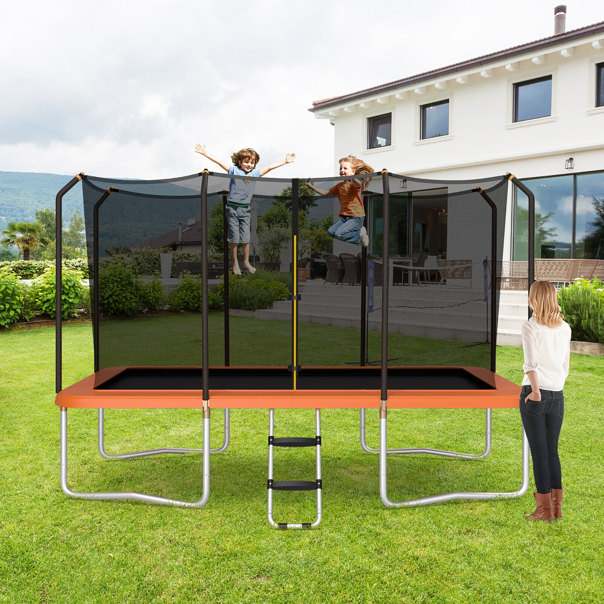 Gymax 8 ft x 14 ft Rectangular Recreational Trampoline with Safety Enclosure Net and Ladder (Orange) zlbq2