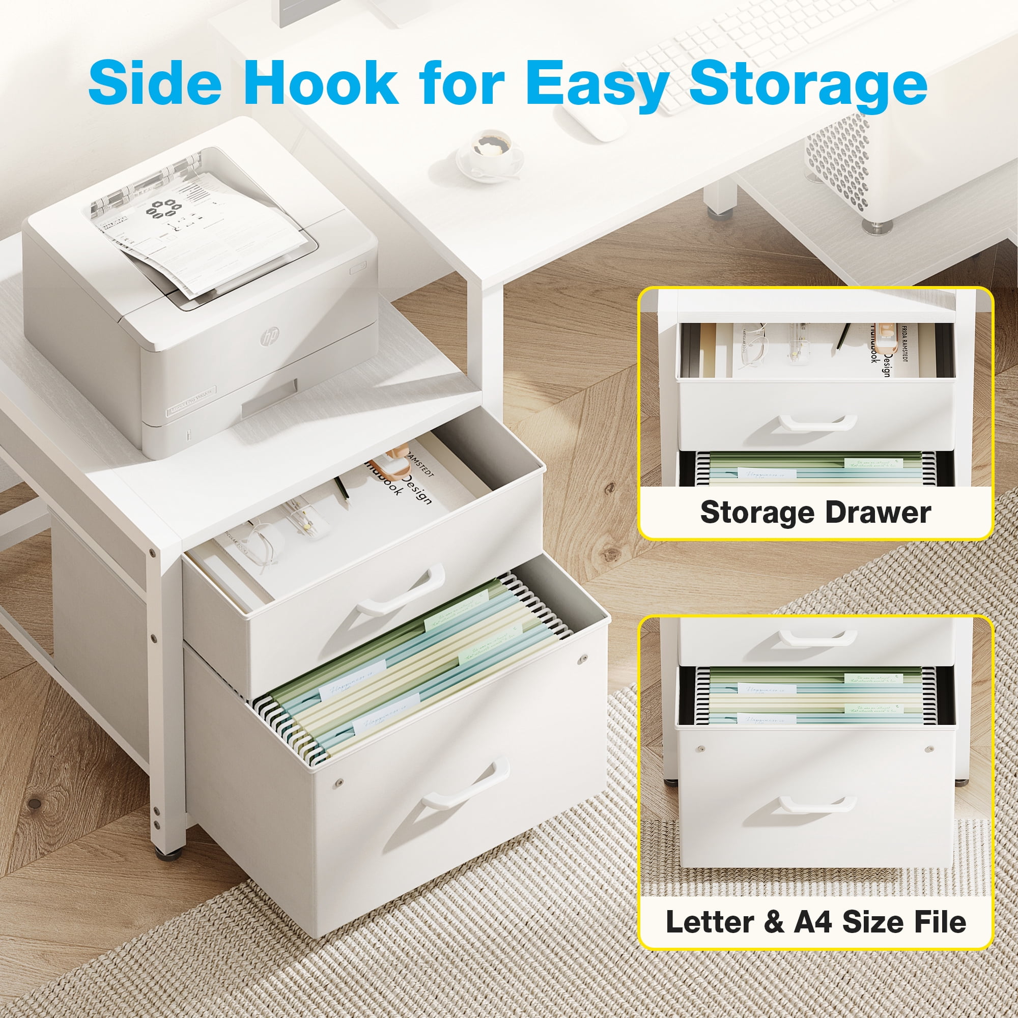 Casacomoda L-Shaped Computer Desk with Power Outlets, File Drawer, and Storage Shelves (White) cimfp