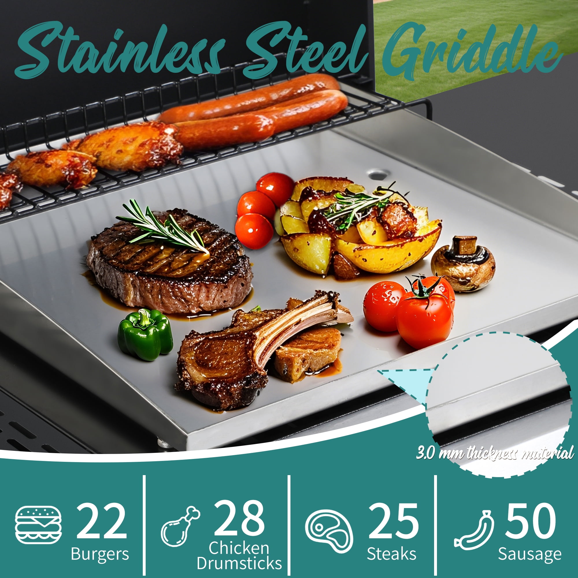Nice Coker 3-Burner Propane Gas Grill with Griddle Combo, Outdoor BBQ Station with Folding Side Table (Silver, 36,900 BTU) g1qvo