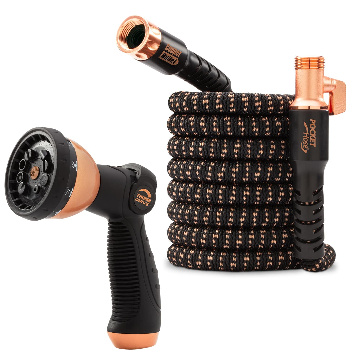 Pocket Hose Copper Bullet Expandable Garden Hose with Thumb Spray Nozzle (50 ft) aqsli