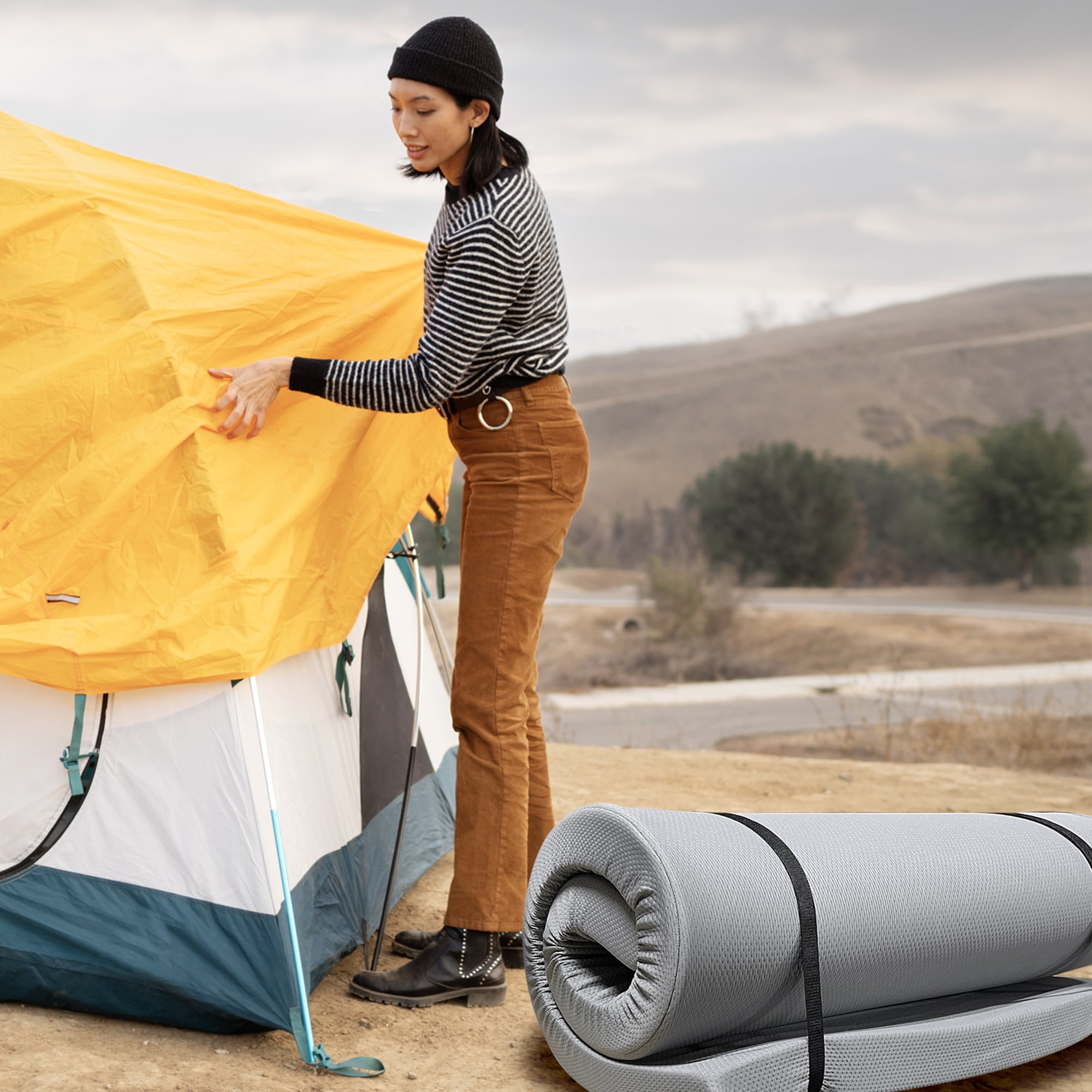 Yoneston Memory Foam Camping Mattress Pad, Portable Roll-Up Sleeping Mat for RV SUV Tent (Gray, 75 in x 30 in x 4 in) r1pdv