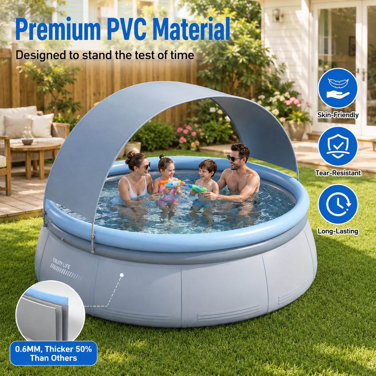 BravSco Inflatable Swimming Pool with Canopy (Blue, 12 ft x 30 in) e495g - Image 3