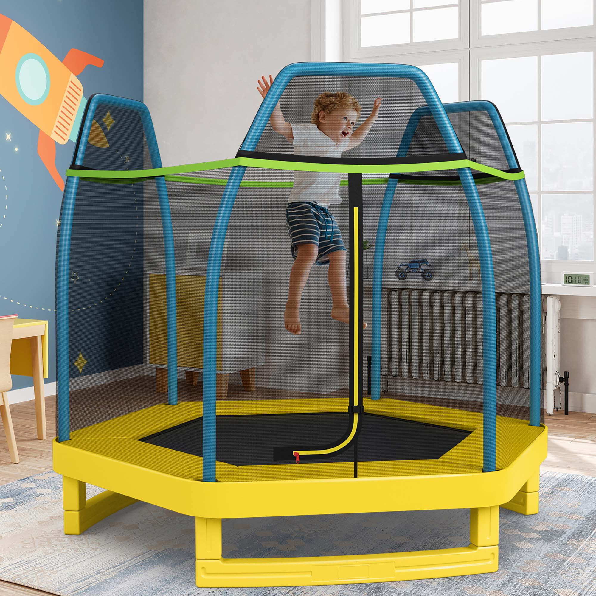 Costway 7 FT Kids Trampoline with Safety Enclosure Net and Padded Frame (Green, 7 ft) suyq4