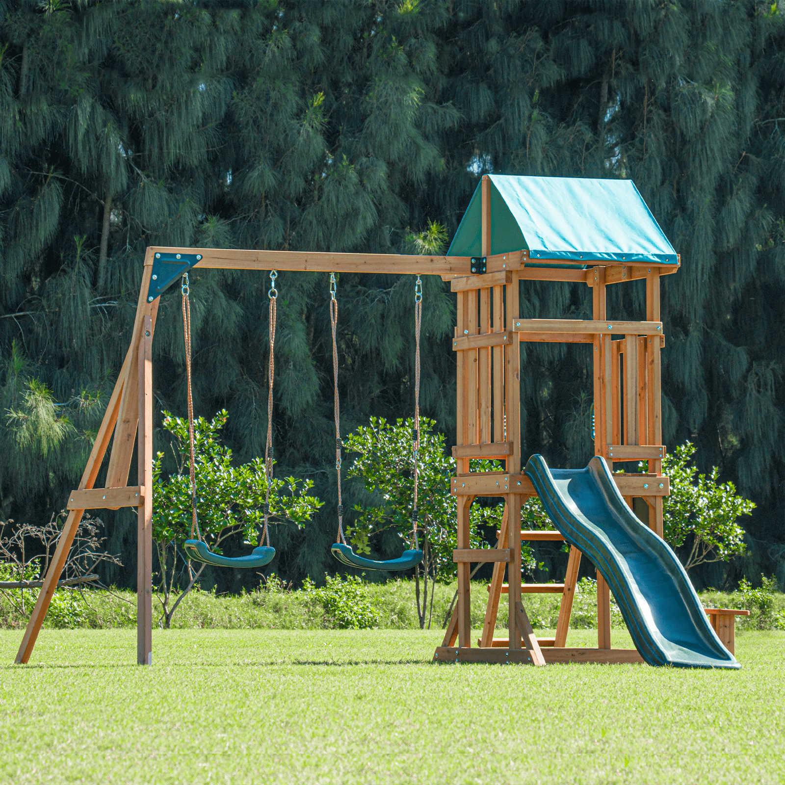 DOLPHIN PLAYGROUND Wooden Outdoor Playset with Swings, Slide, and Playhouse (Brown, 120 in x 108 in x 96 in) s0g3z