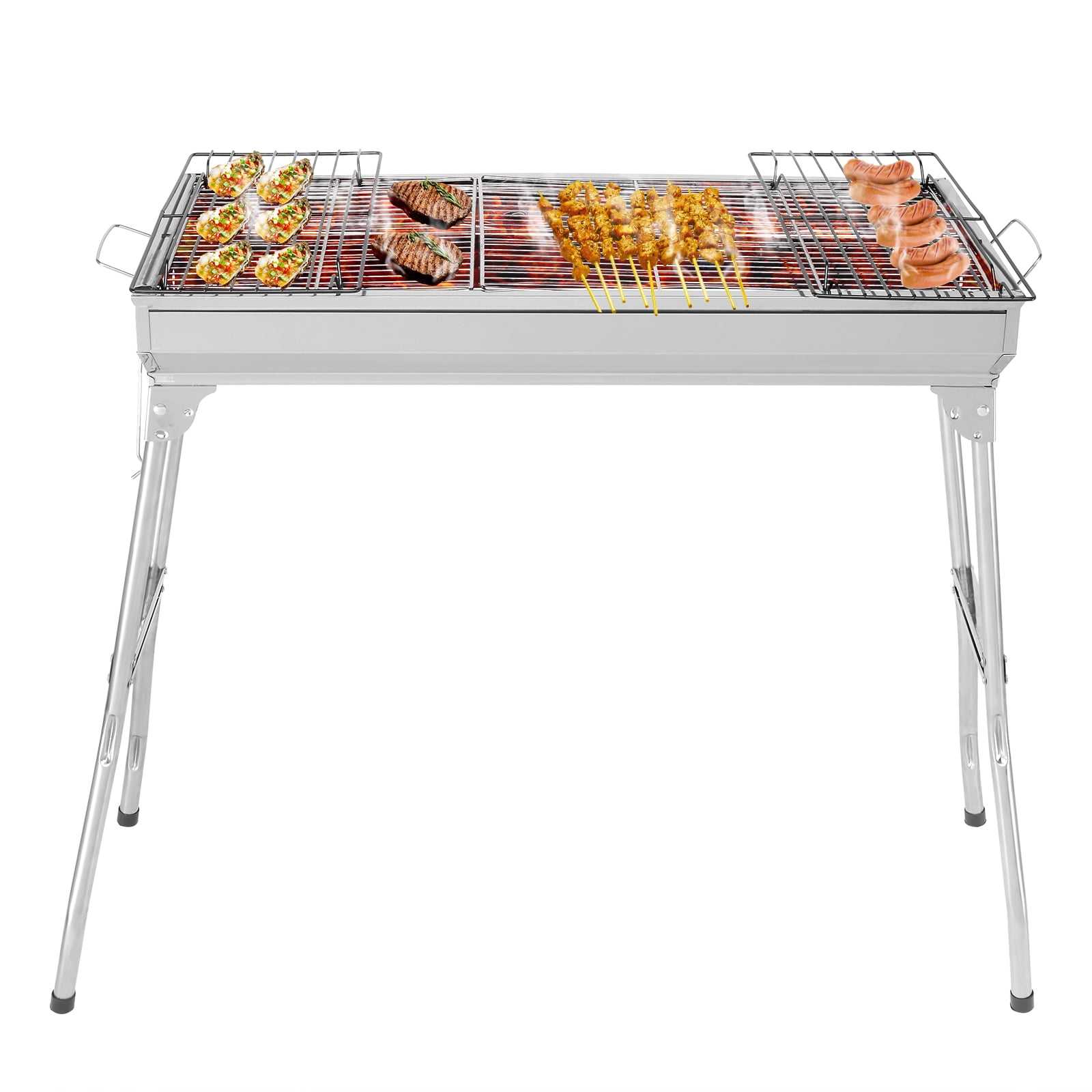 BAYUELSWU Portable Charcoal Grill Foldable Stainless Steel BBQ with Grill Pan and Grate (Silver, 27.95 in x 12.99 in x 27.56 in) p4tyh