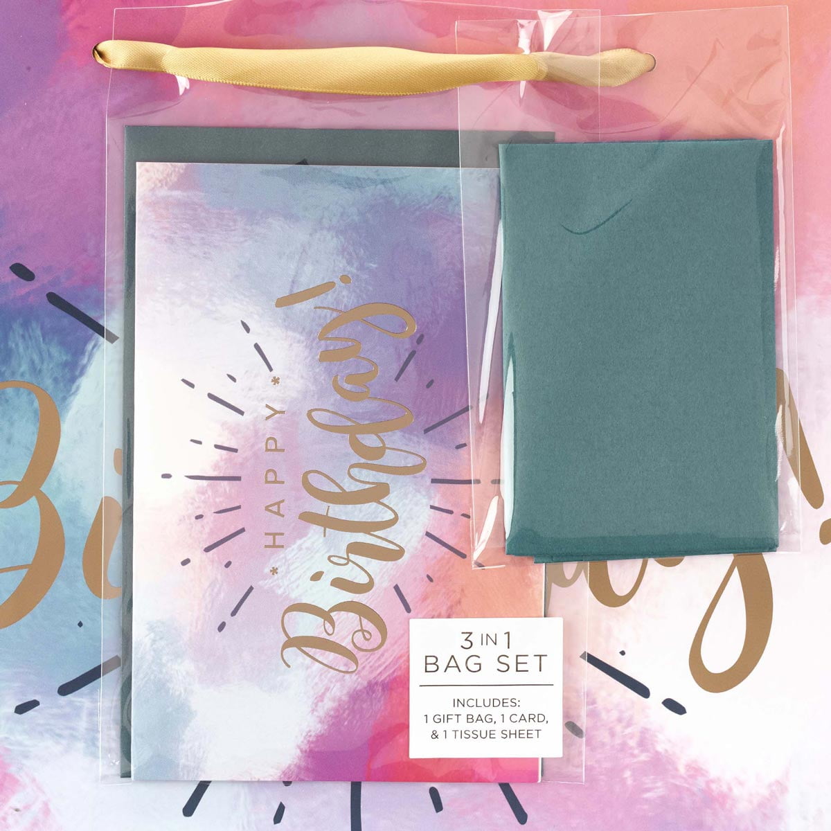 With Love Cosmetics Happy Birthday Gift Bag Set with Card and Tissue Paper (Blue Pink Purple Watercolor, 12.5 in x 10 in x 3.9 in) ppe0l