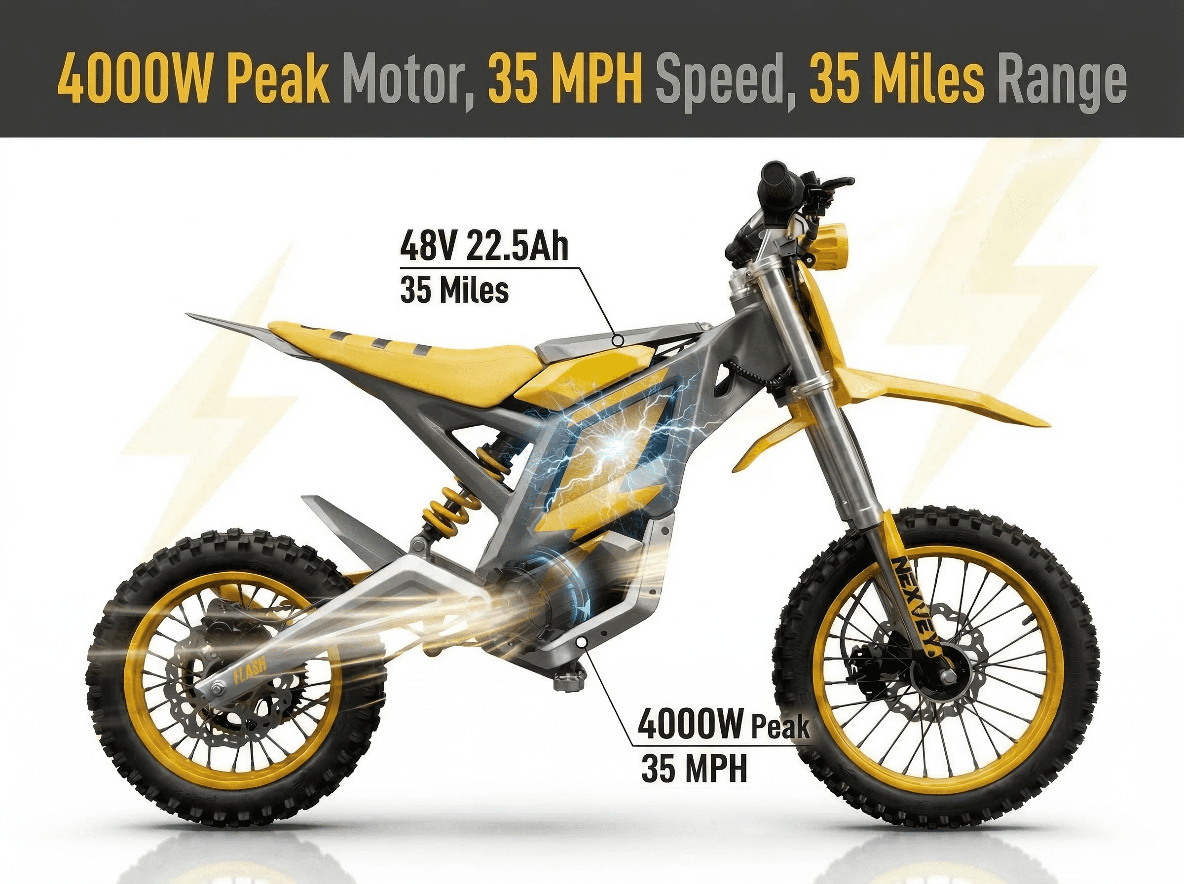 NEXVEY Flash Electric Dirt Bike, 4000W Peak Power Off-Road Motorcycle with Dual Hydraulic Brakes (Yellow, 48V 22.5AH Battery) li0yp
