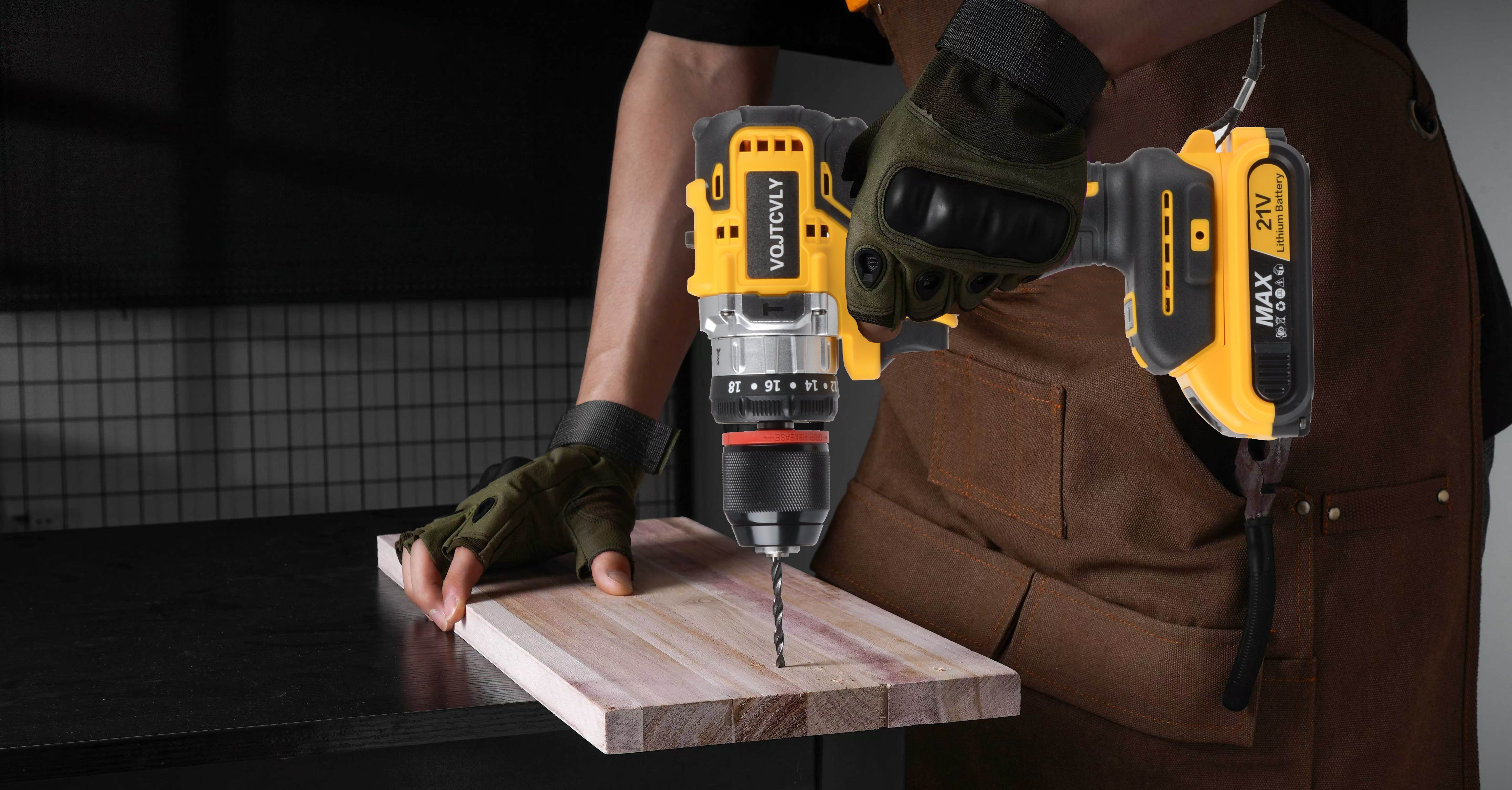 Euur 21V Brushless Cordless Power Drill Set with Battery, Charger, and 26-Piece Accessory Kit (Yellow, 3/8 in Chuck) twn5s