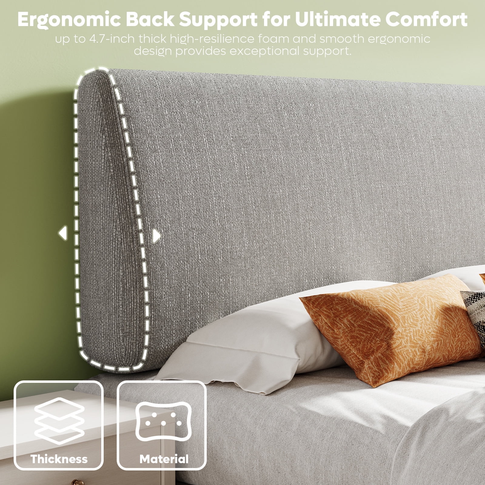 Pinmoco Upholstered Foam Headboard for Queen Bed, Ergonomic Adjustable Height Fabric Backrest (Gray, 60 in) tj48w - Image 2