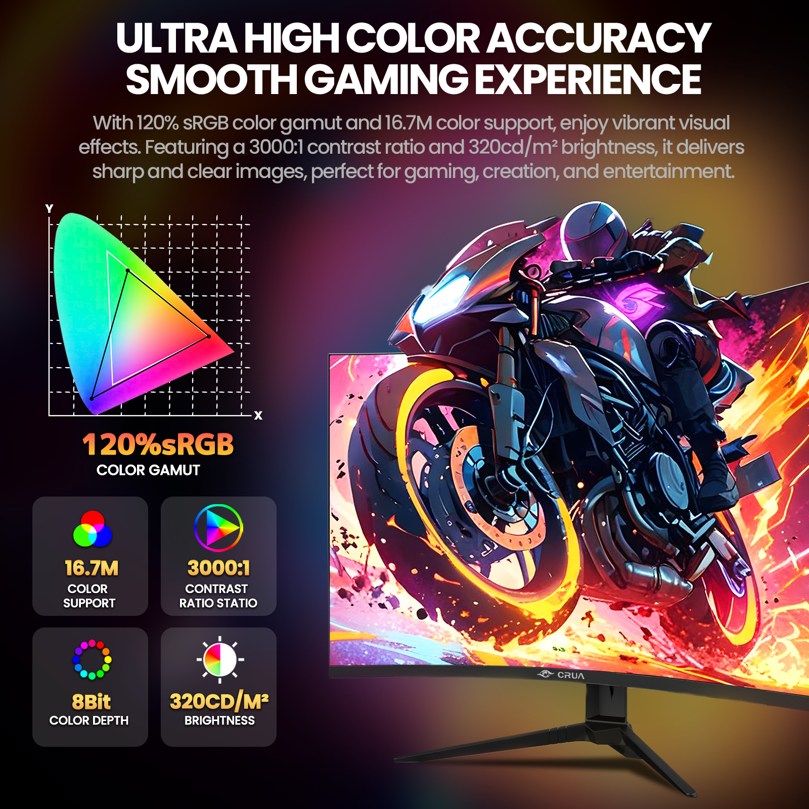 CRUA 27 in 2K 260Hz Curved Gaming Monitor, QHD 1440P, 1800R, AMD FreeSync, Built-in Speakers (Black, 27 in) 14mhq