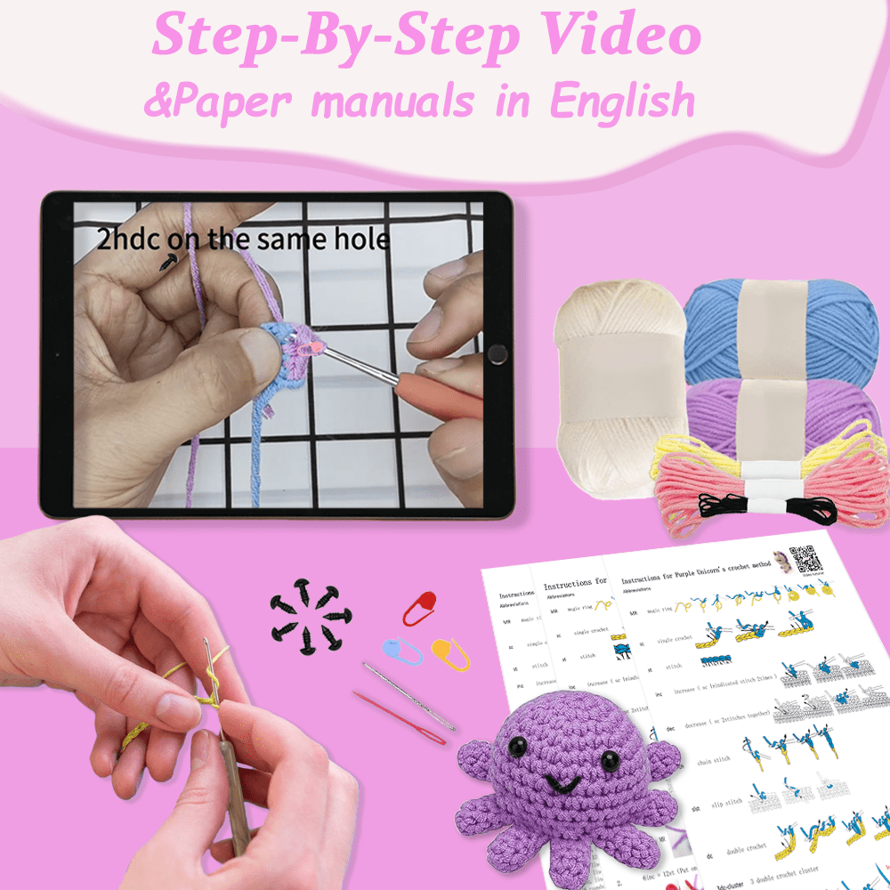 Yarniss Beginner Crochet Kit, DIY Animal Craft Set for Unicorn, Octopus, and Elephant (Multi-Color, 1 Pack) 1j3ni