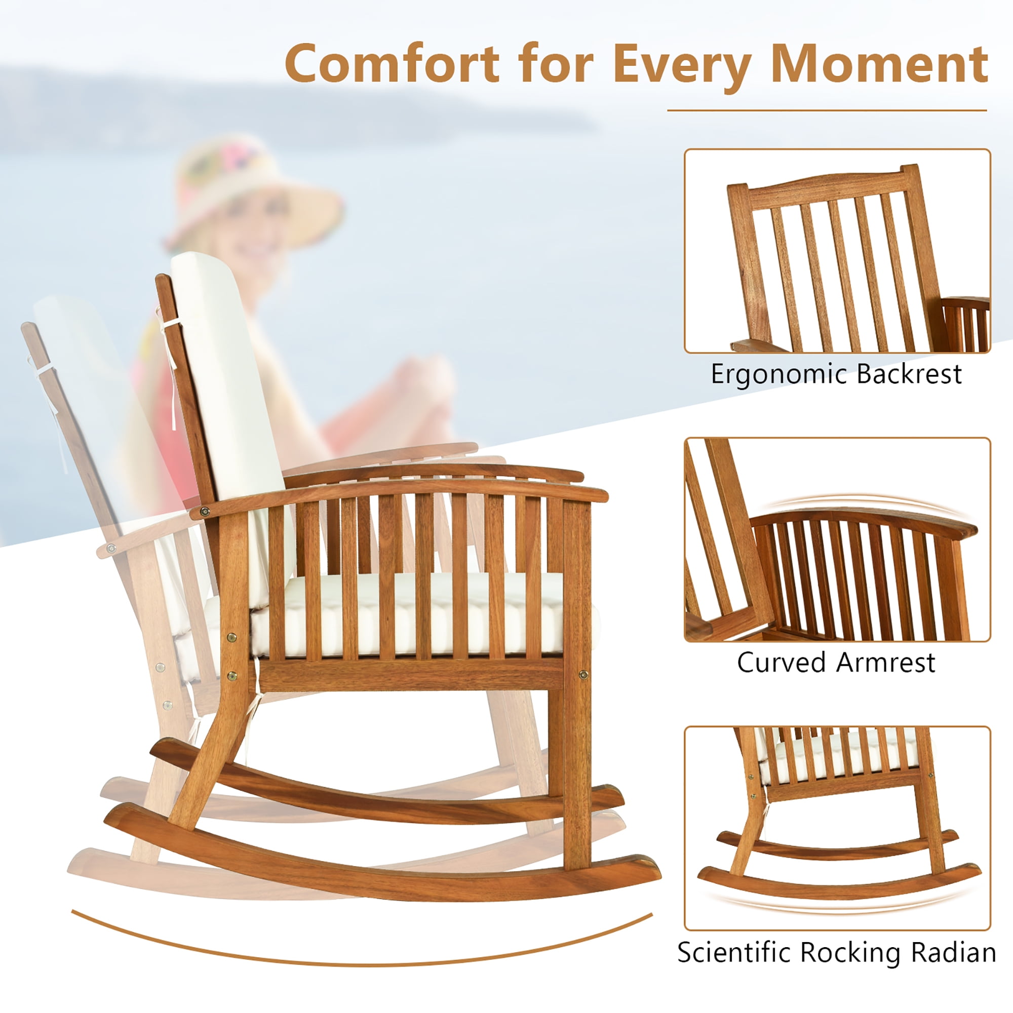 Gymax Patio Wooden Rocking Chair with Armrest Cushion (Brown, 35.5 in x 25 in x 36.5 in) gwno6