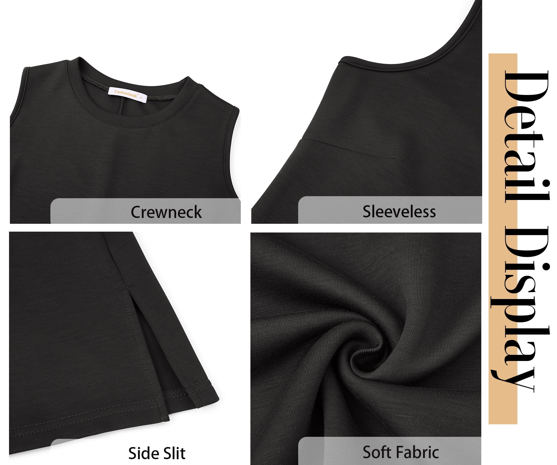Fantaslook Women's Crewneck Sleeveless Mini Tank Dress Casual Summer Split Sundress (Black, L) smcyo