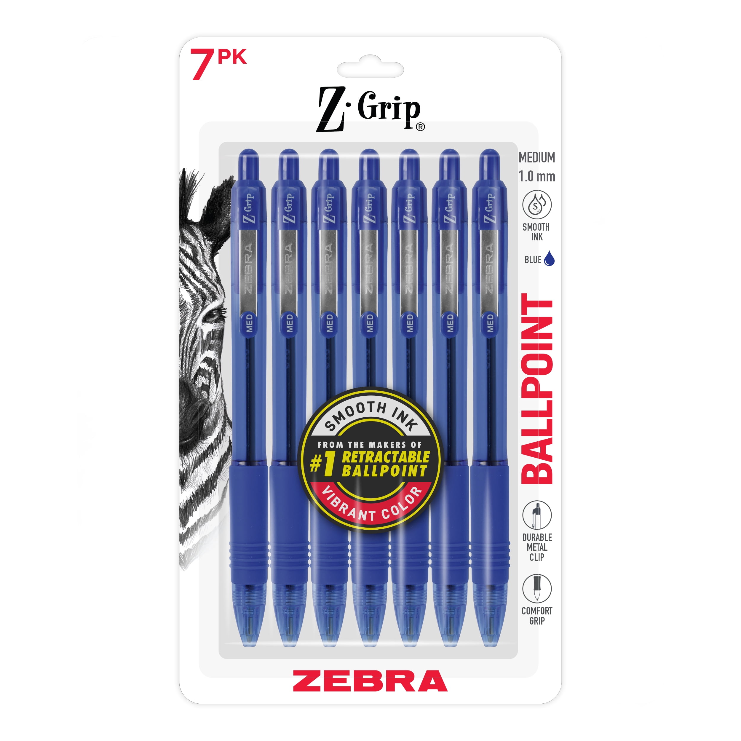 Zebra Z-Grip Retractable Ballpoint Pens, Smooth Writing Medium Point, Blue Ink (Blue, 7 Count) rbxxa