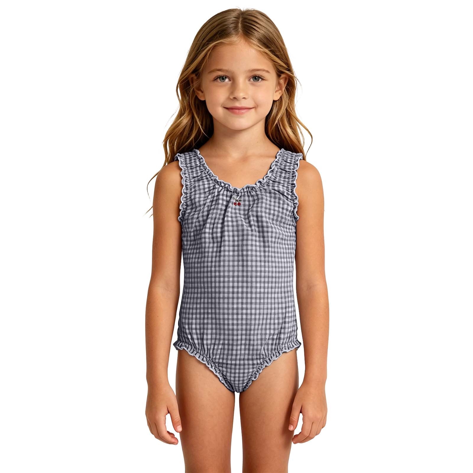 Hihipz Infant Girl One Piece Swimsuit Gingham Print Ruffle Trim Bathing Suit (Blue, 12-18 Months) xh6o5