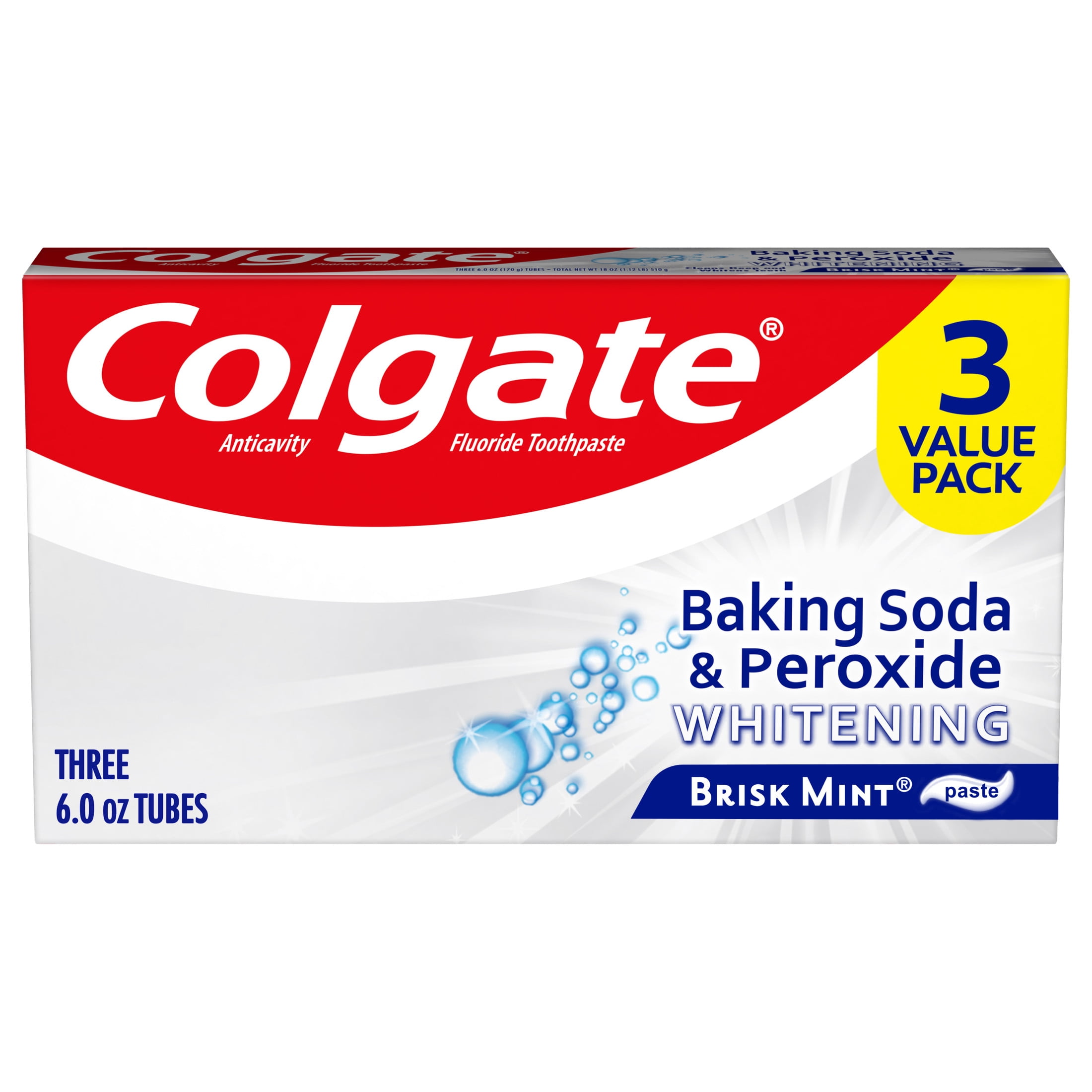 Colgate Baking Soda and Peroxide Whitening Toothpaste, Brisk Mint, Cavity Protection (3 Pack, 6 oz) i4172