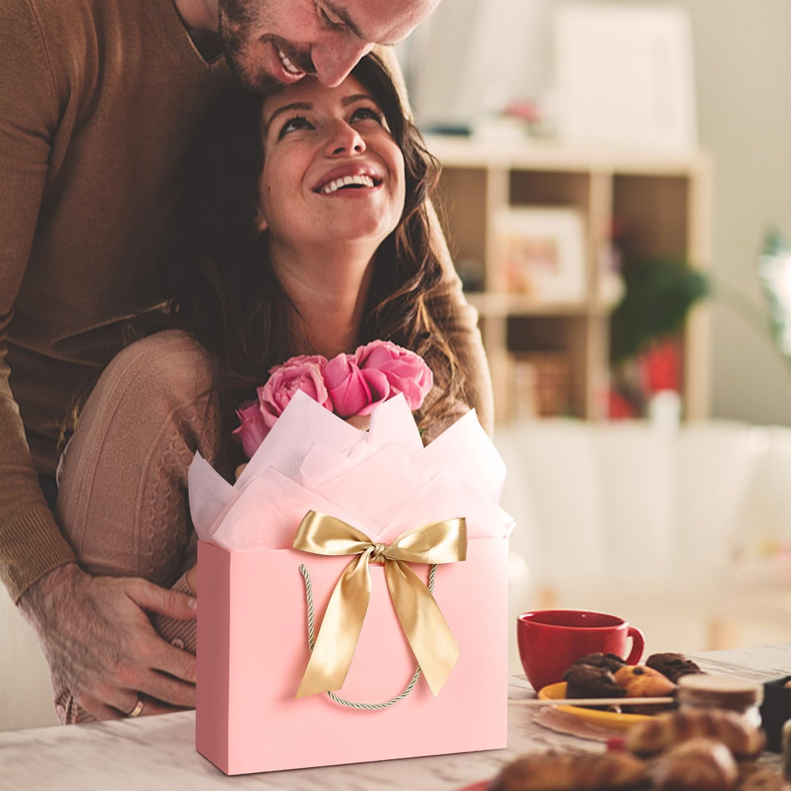 AUCLAY Large Gift Bags with Handles and Tissue Paper for Birthday Wedding Party (Pink, 3 Pack, 12.6 in) b3kws
