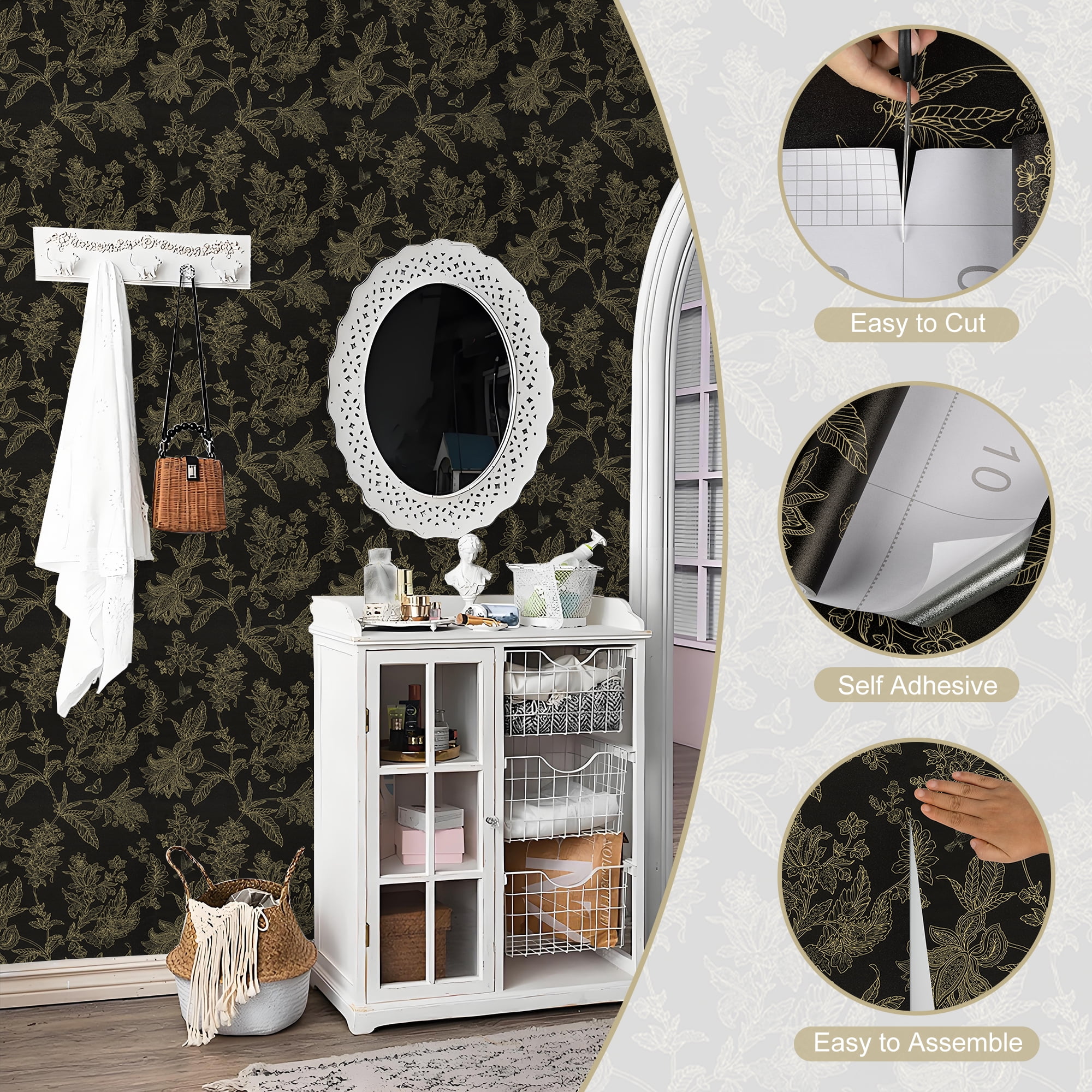 Abyssaly Floral Peel and Stick Wallpaper, Self-Adhesive Vinyl Wall Covering for Bedroom (Black, 17.5-in x 118-in) hxopv