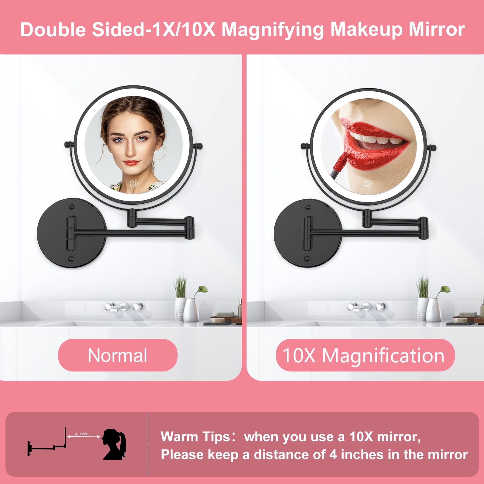 Umirokin Rechargeable Wall Mounted LED Makeup Mirror (Black, 8 in) 1X/10X Magnification Dimmable Vanity Mirror ghr2h