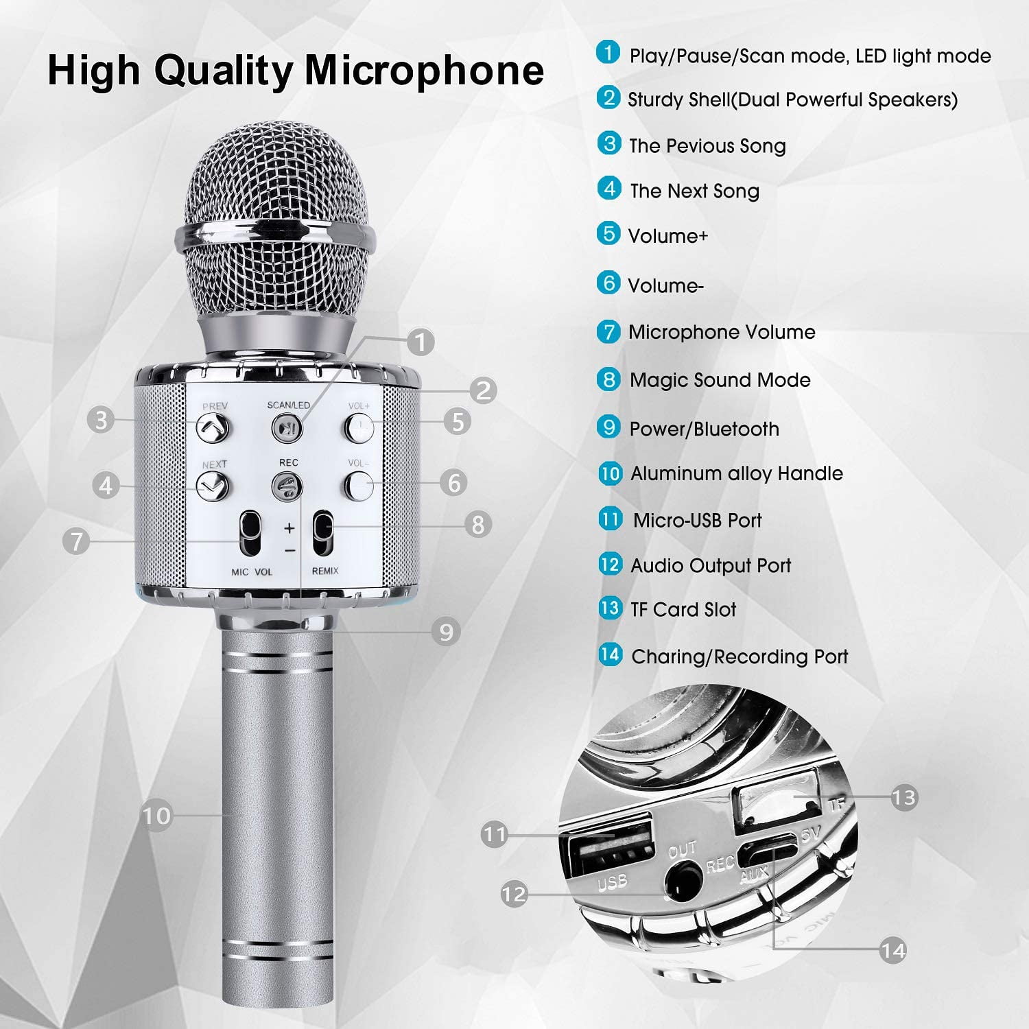 GLUAAE Wireless Bluetooth Karaoke Microphone with LED Lights and Echo Control (Silver, 0.66 lb) repgq