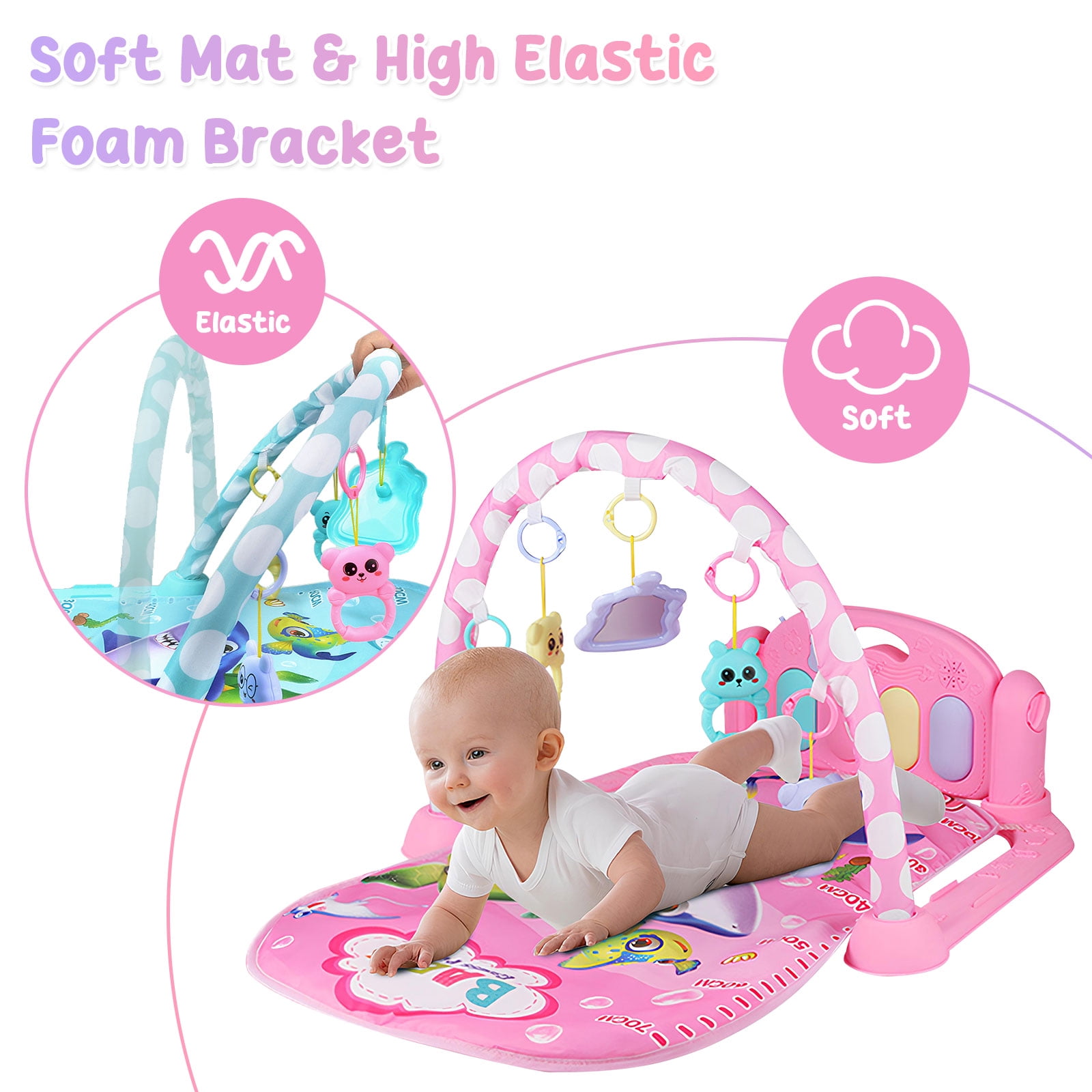 RICHYOUNG Baby Gym Play Mat 3-in-1 Musical Fitness Activity Center with Piano and Hanging Toys (Pink, 30 in x 22 in x 17 in) hbu2g