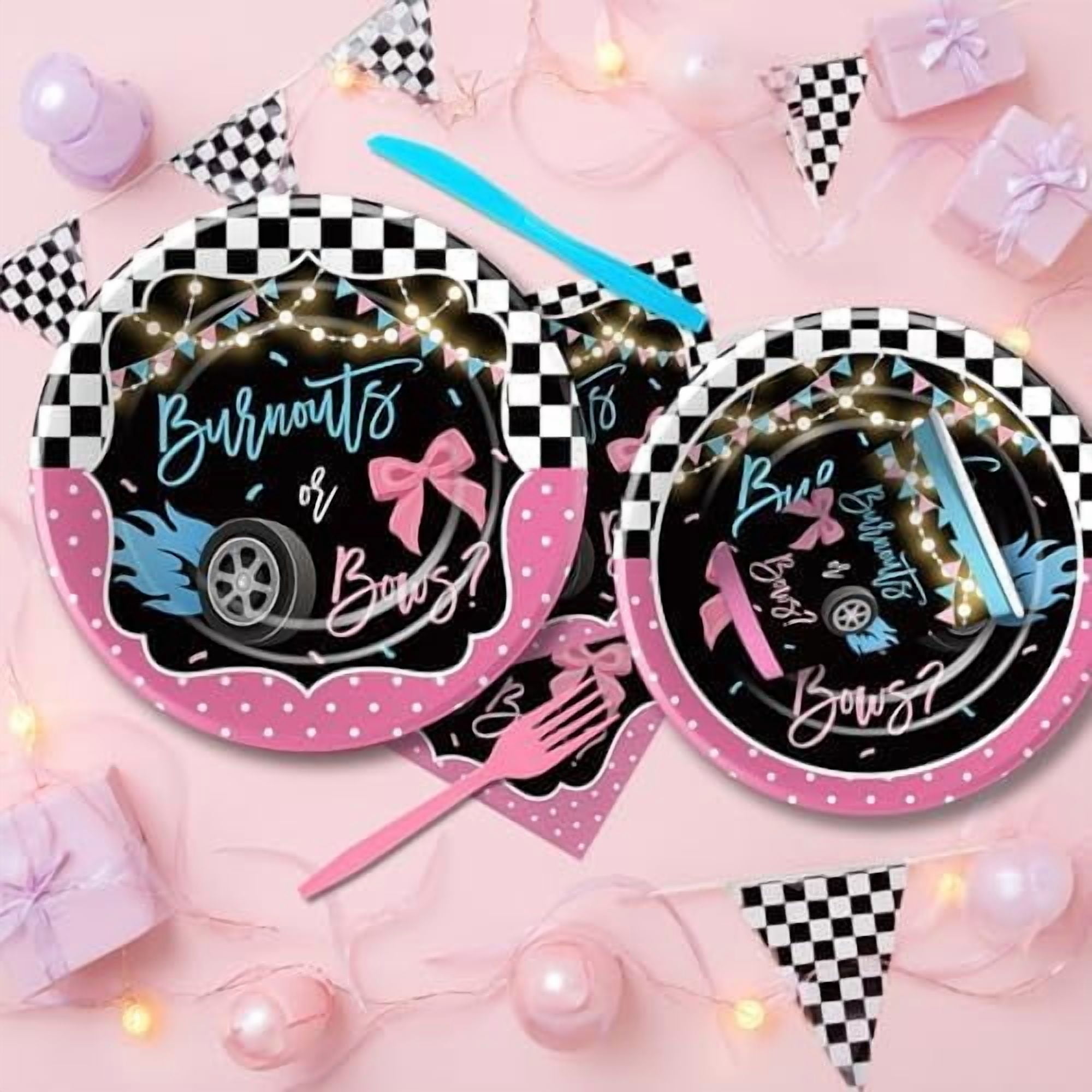 Burnouts or Bows Gender Reveal Party Supplies Set, Race Car vs Bows Baby Shower Tableware (Pink, Serves 24) cc7vy