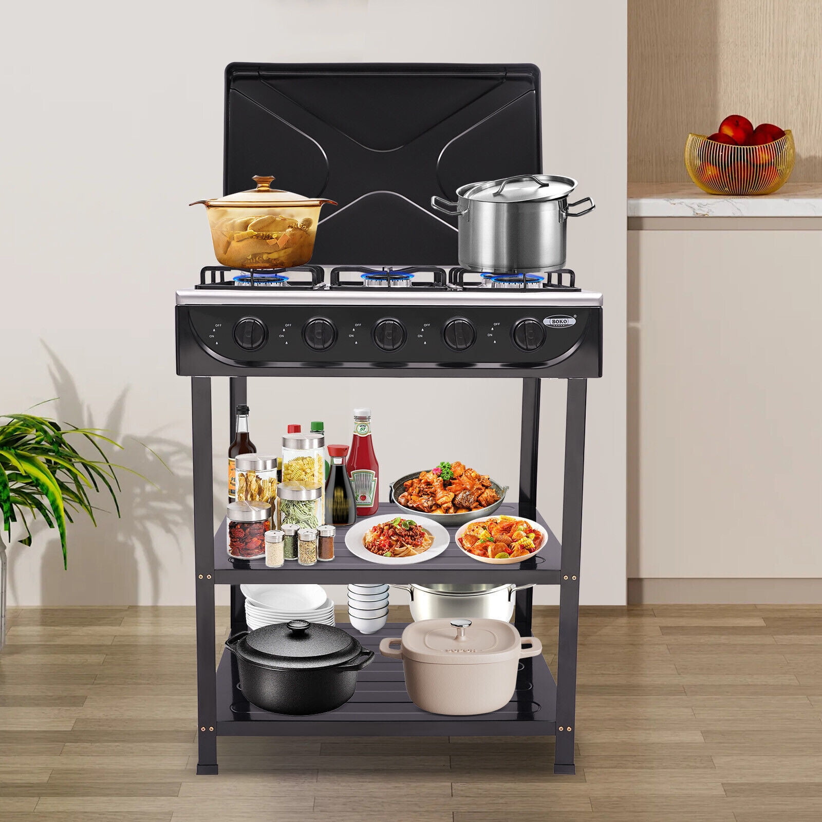 Generic 5-Burner Gas Stove Outdoor Camping BBQ Grill with 2-Tier Storage Rack (Black) g36xu