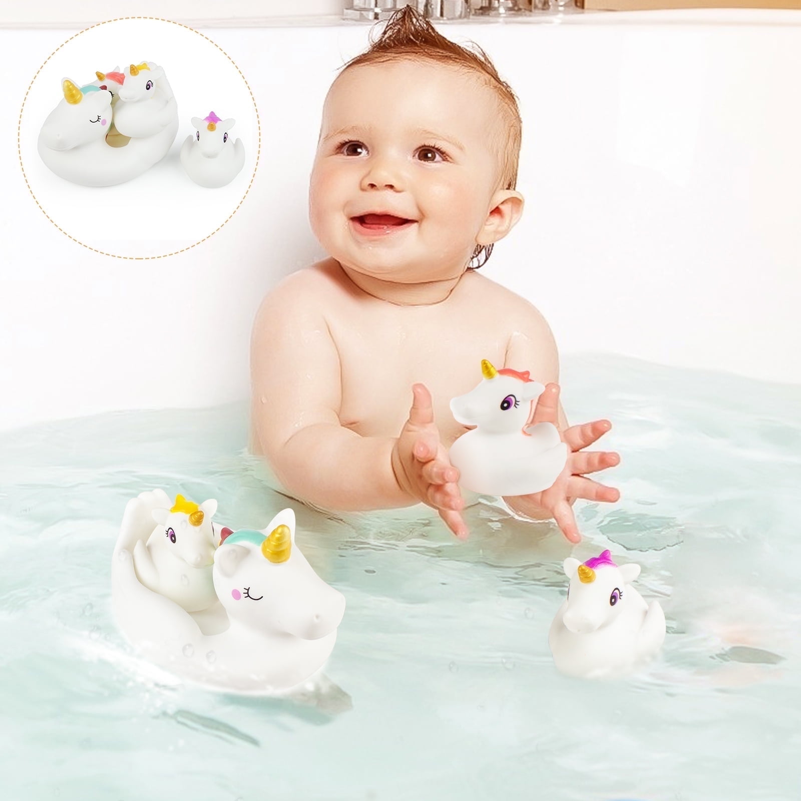Timy Unicorn Bath Toy Set Floating Water Spray Toys for Toddlers (White, 4 Pcs) npju6