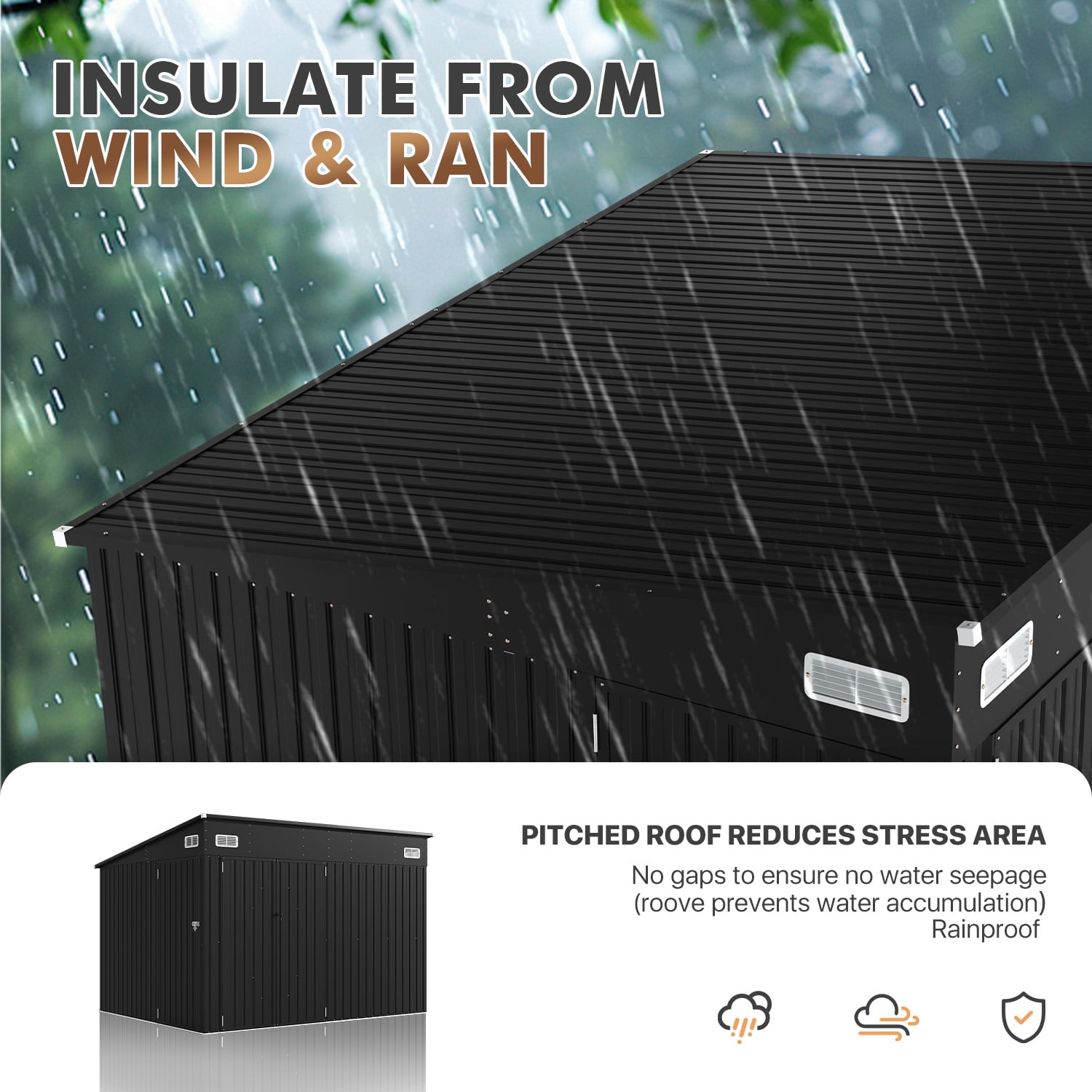 BaPiPro Lean-to Metal Storage Shed, Outdoor Garden Tool Organizer with Triple Lockable Doors and Vents (Black, 10 ft x 8 ft) tlqvs