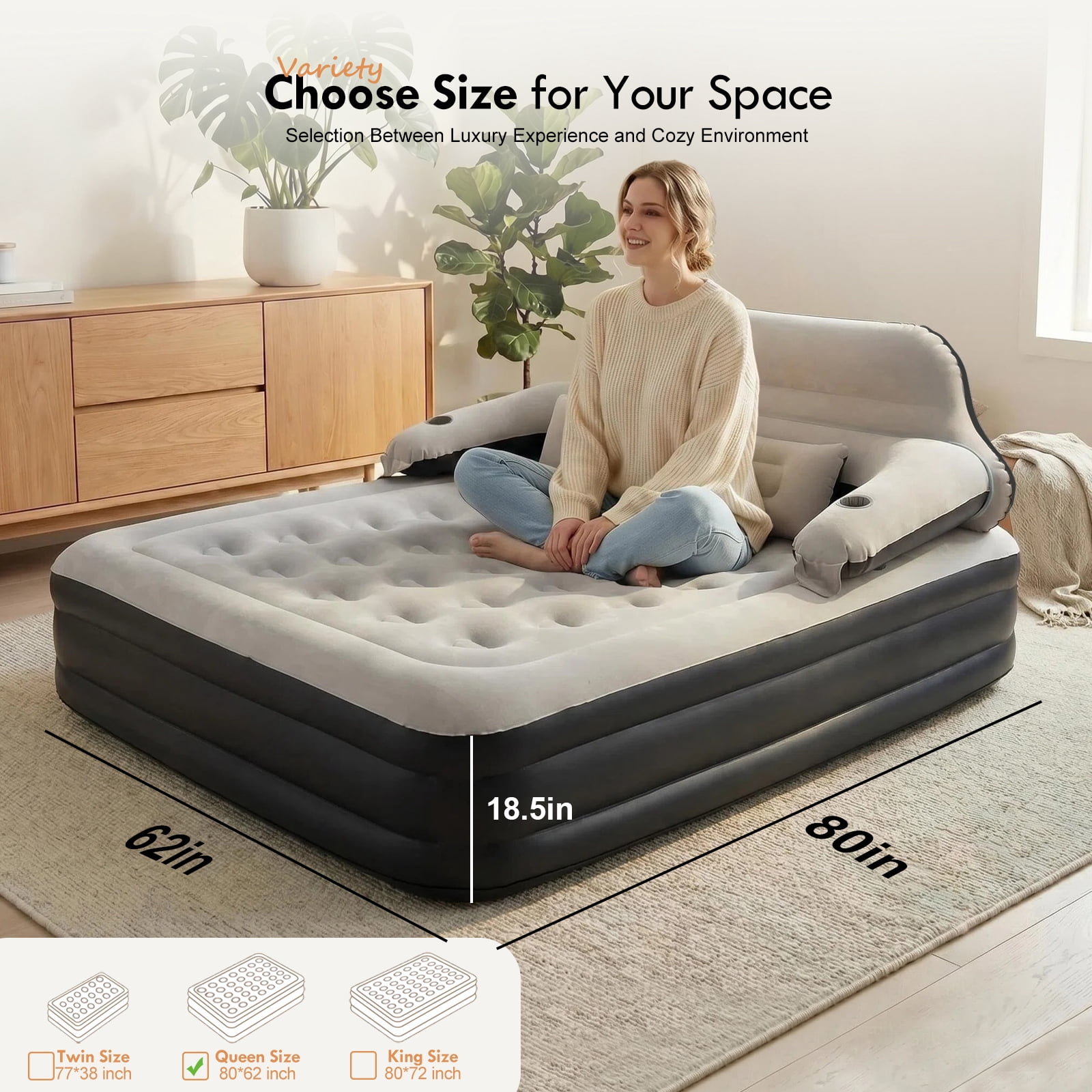 Honeydrill Queen Size Air Mattress with Headboard and Built-in Pump (80 in x 60 in x 15 in) ryihm