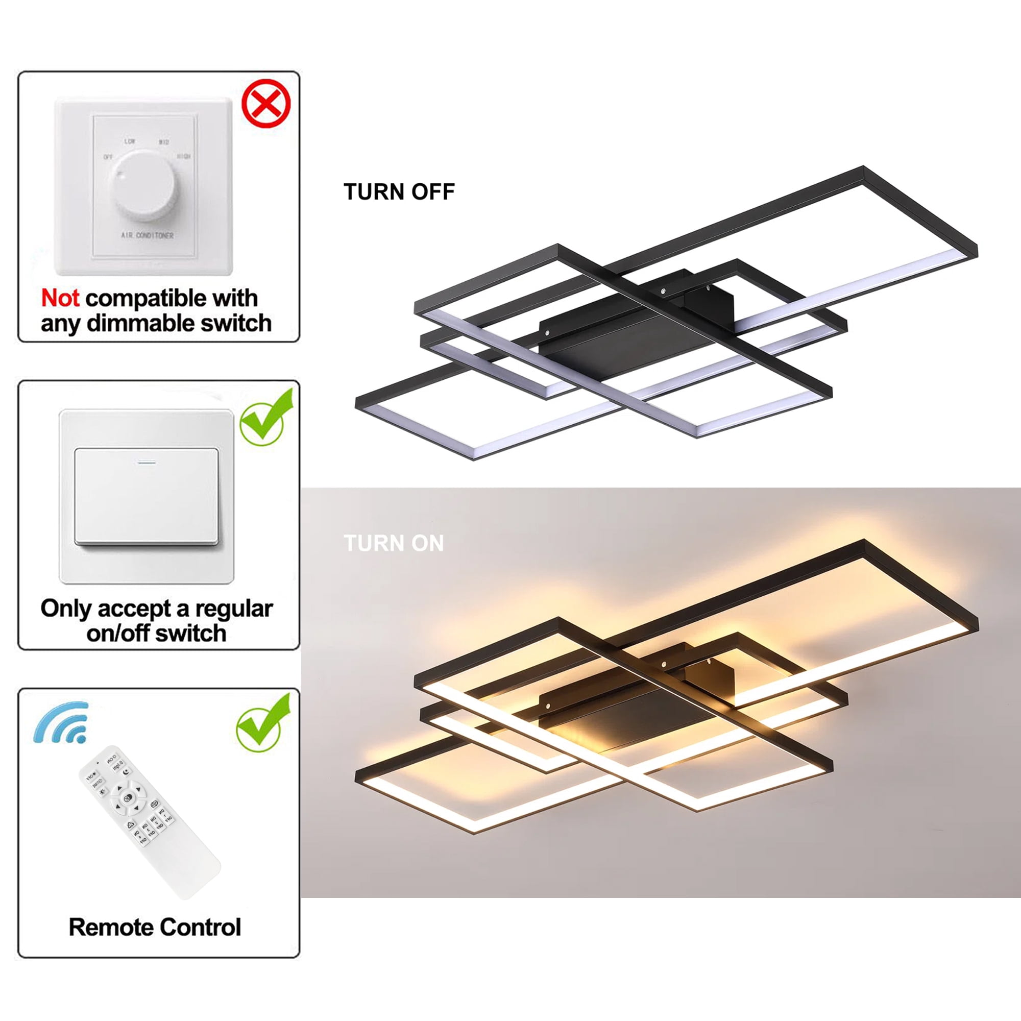 Garwarm 3-Square LED Ceiling Light, Modern Flush Mount Fixture with Remote Control (Black, 35.4 in) 58gf2