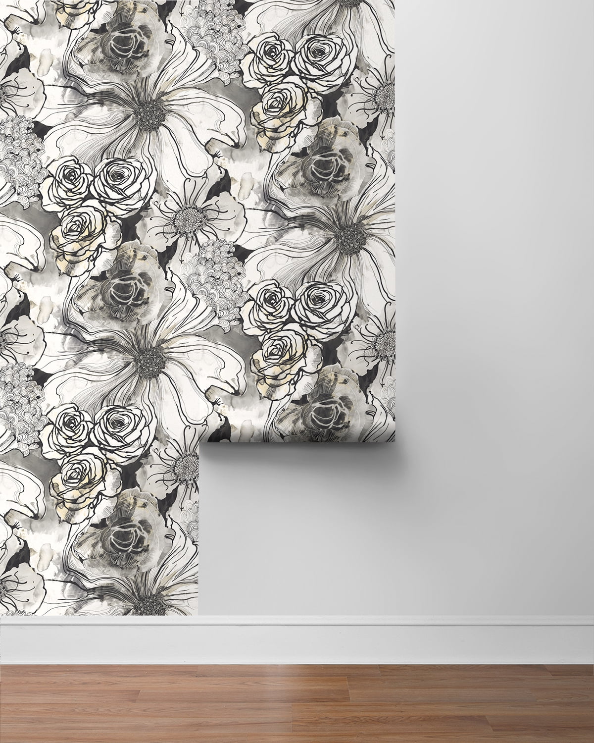 Harry & Grace Peel and Stick Wallpaper Floral Ink Rose Removable Wall Decor (Onyx, 20.5 in. W x 18 ft. L) w6ag1