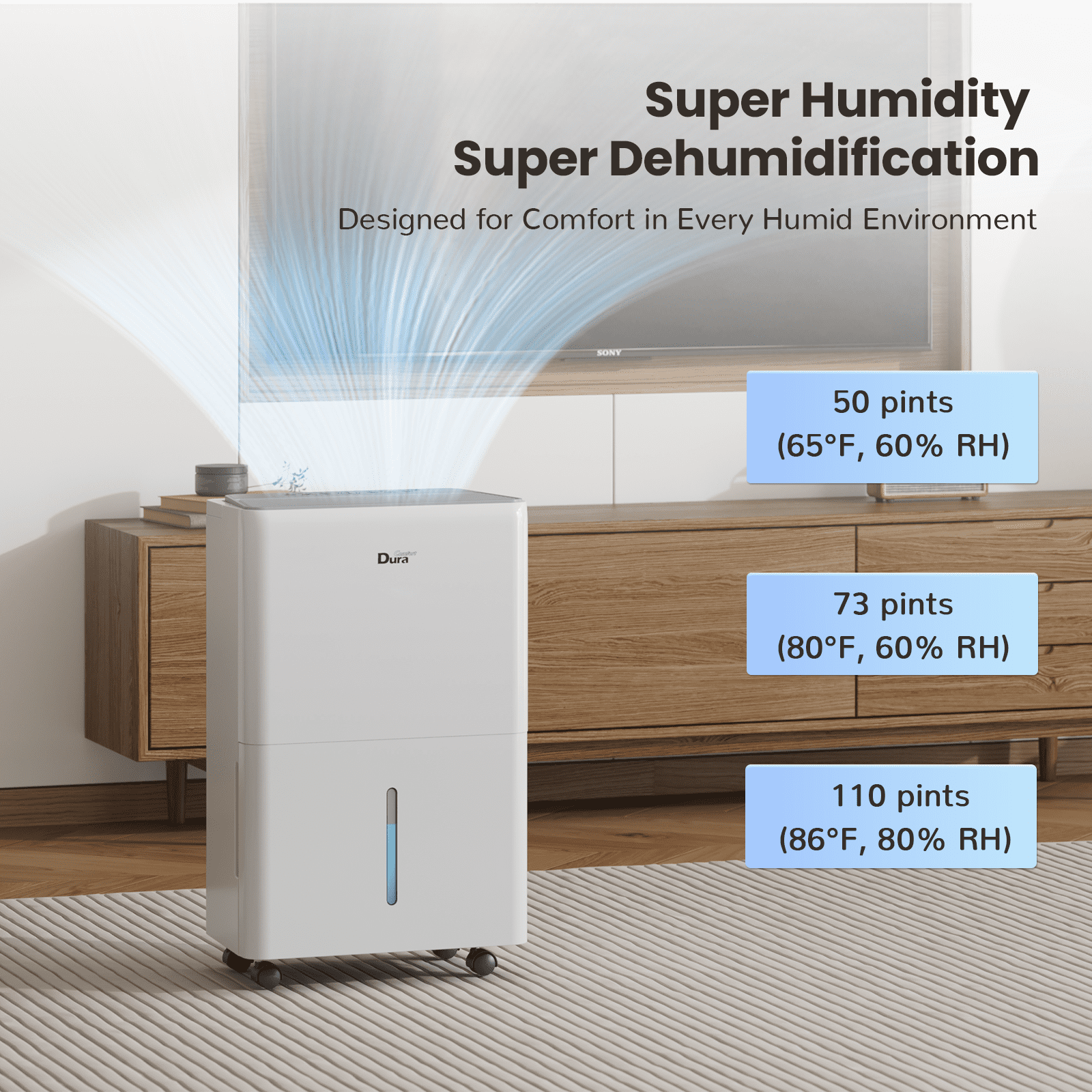 DuraComfort 50 Pint Dehumidifier for 4500 sq ft Basement and Large Rooms, Portable with Drain Hose (White, 50 Pint) qal67