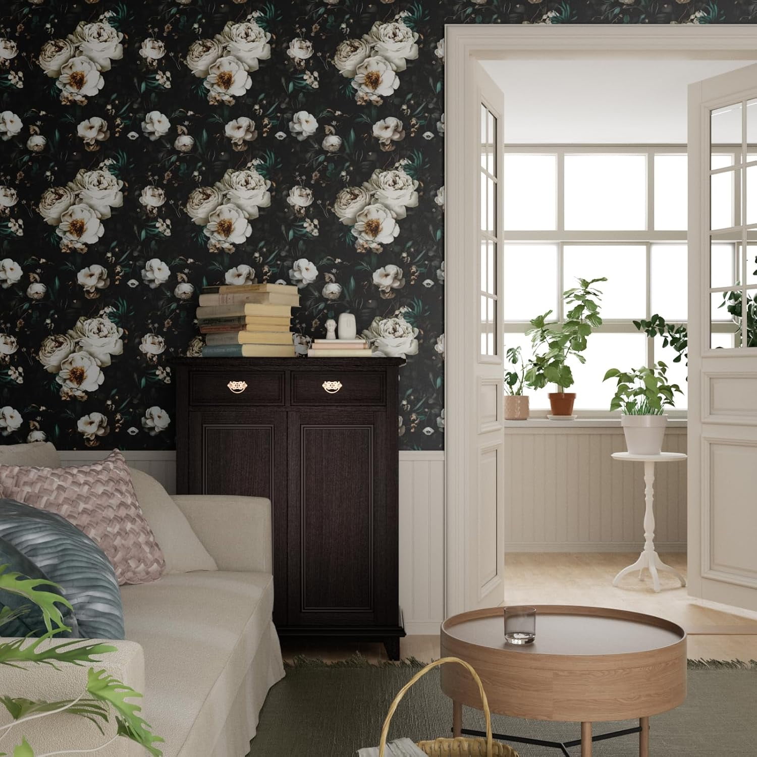 Usachibb Vintage Floral Bird Wallpaper Peel and Stick Boho Wall Mural (Black/Gold, 17.5 in x 118 in) av4xl