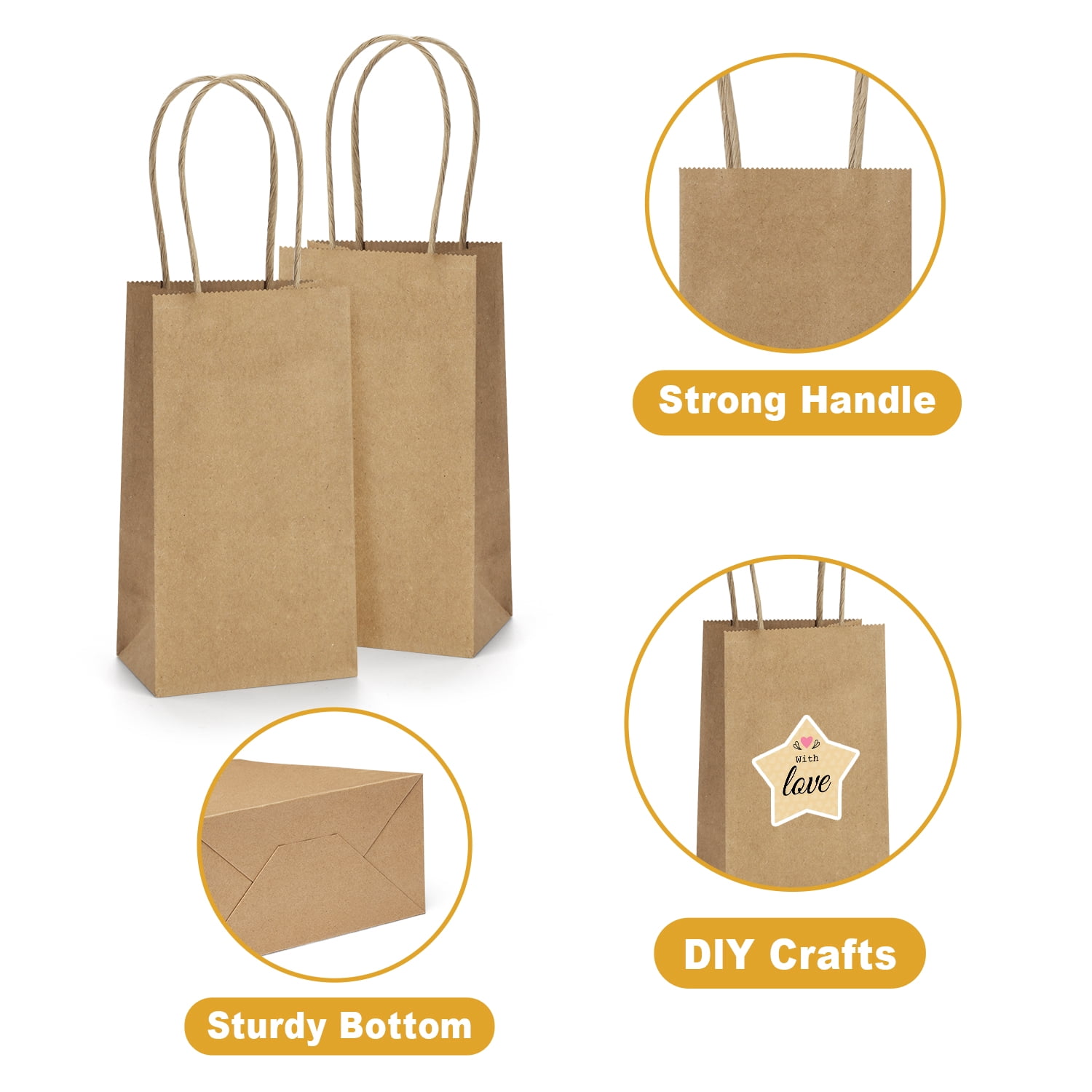 BagDream Mini Kraft Paper Gift Bags with Handles for Party Favors and Retail (Brown, 100 Pack, 3.5x2.4x6.7 in) hig67
