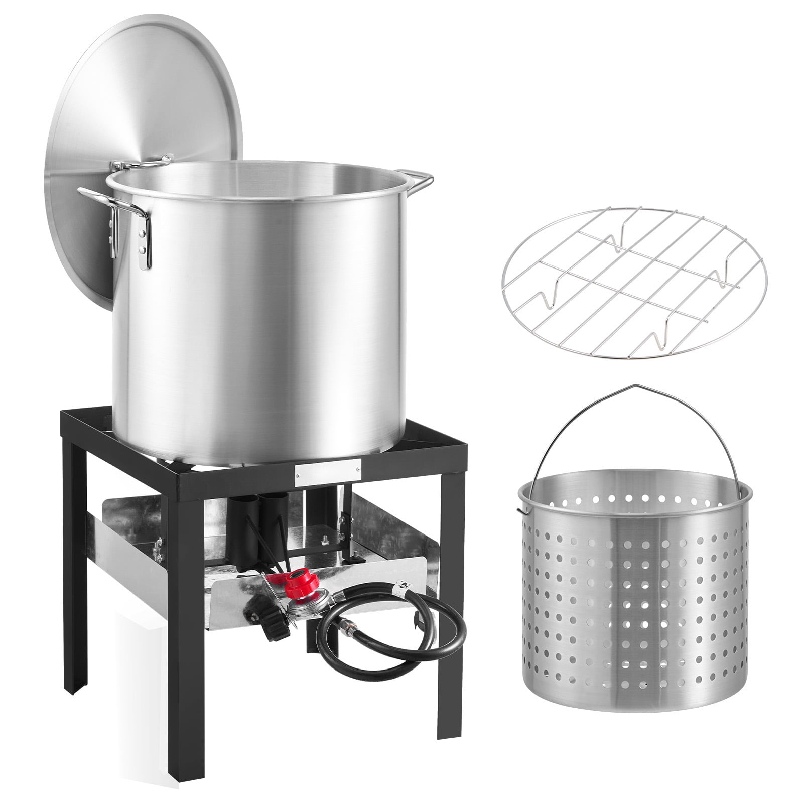 KFFKFF 100 Qt Seafood Boiling Pot Set with Propane Burner and Steam Grid (Silver, 100 Qt) 8hb2g