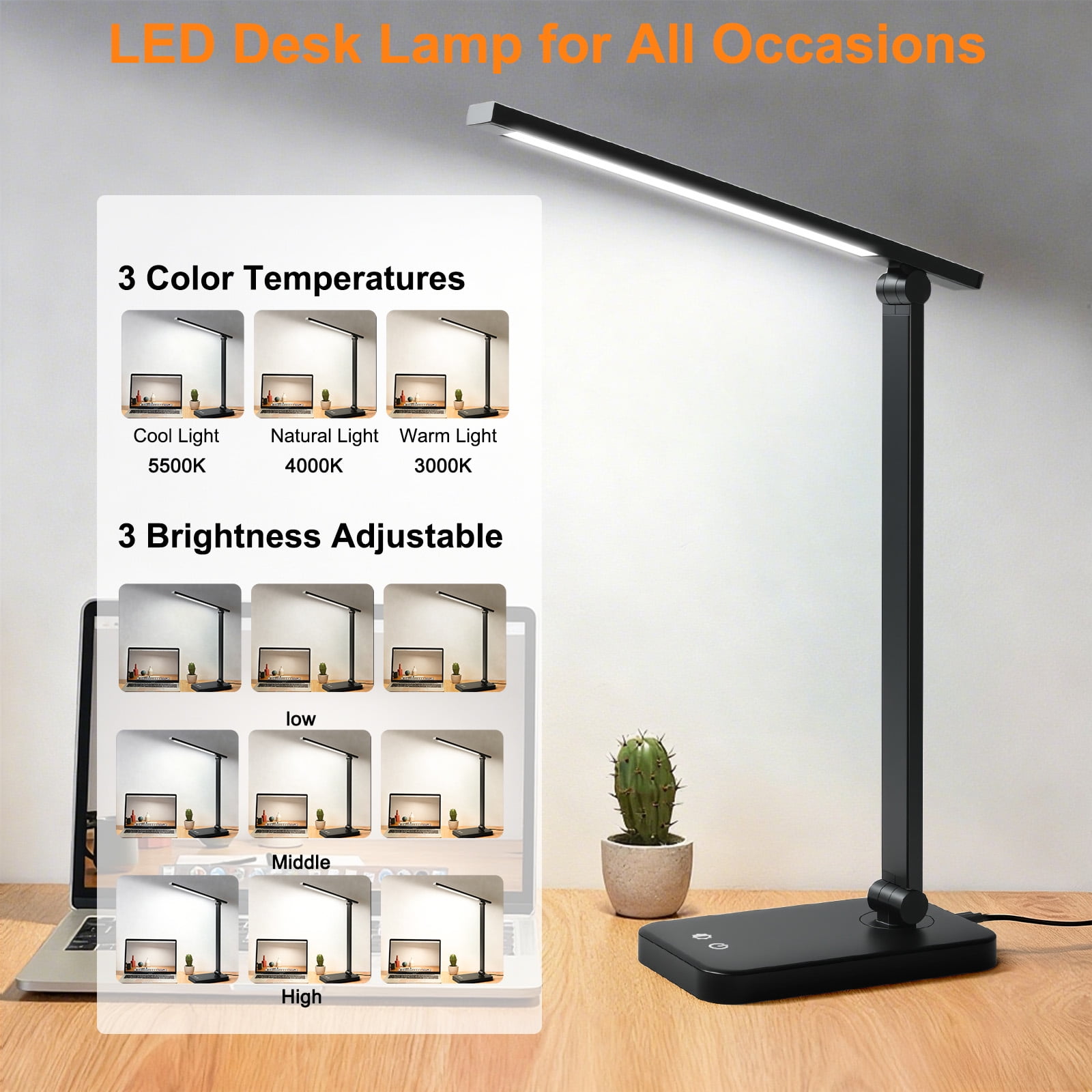 OTROAD LED Desk Lamp with USB Charging Port, Eye-Caring Dimmable Reading Light with 3 Color Modes & 3 Brightness Levels (White, 12 in) zlwj9