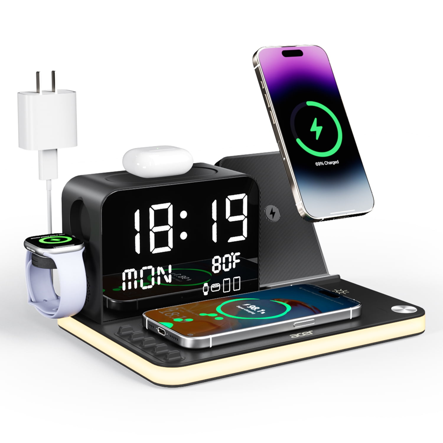 Acer 7-in-1 Wireless Charging Station for Apple and Android Devices (Black, 8.5 in x 6.3 in x 4.2 in) lyd39