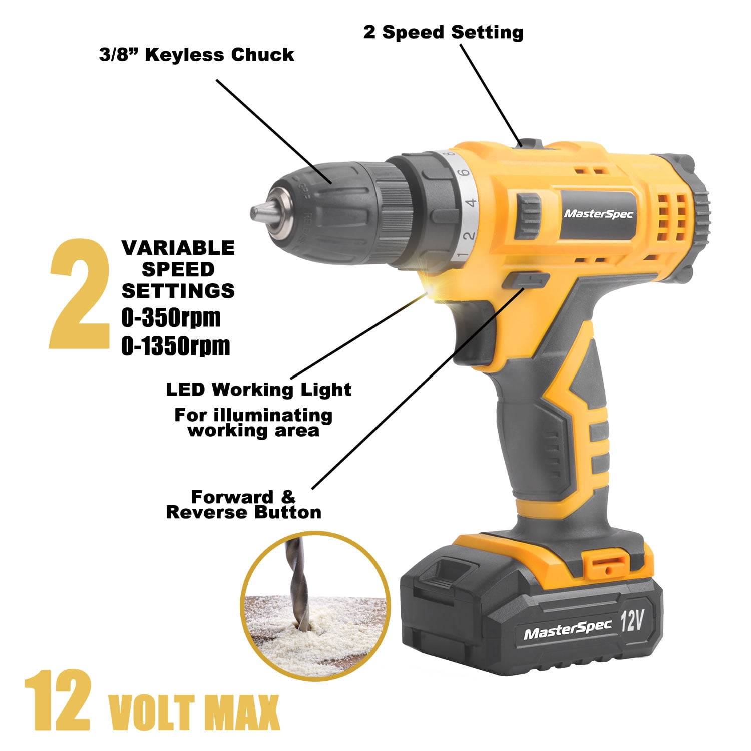 MasterSpec 12V Cordless Drill Driver Kit with 2 Batteries and 47PCS Household Hand Tools (Black, 47 Piece Set) p43r3 - Image 4
