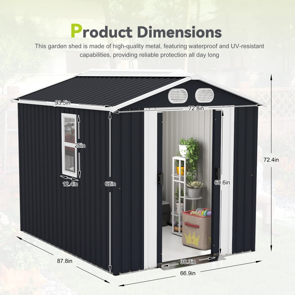 Generic Metal Storage Shed Outdoor Garden Tool House with Lockable Doors and Air Vents (Grey, 8x6 ft) nbo5r
