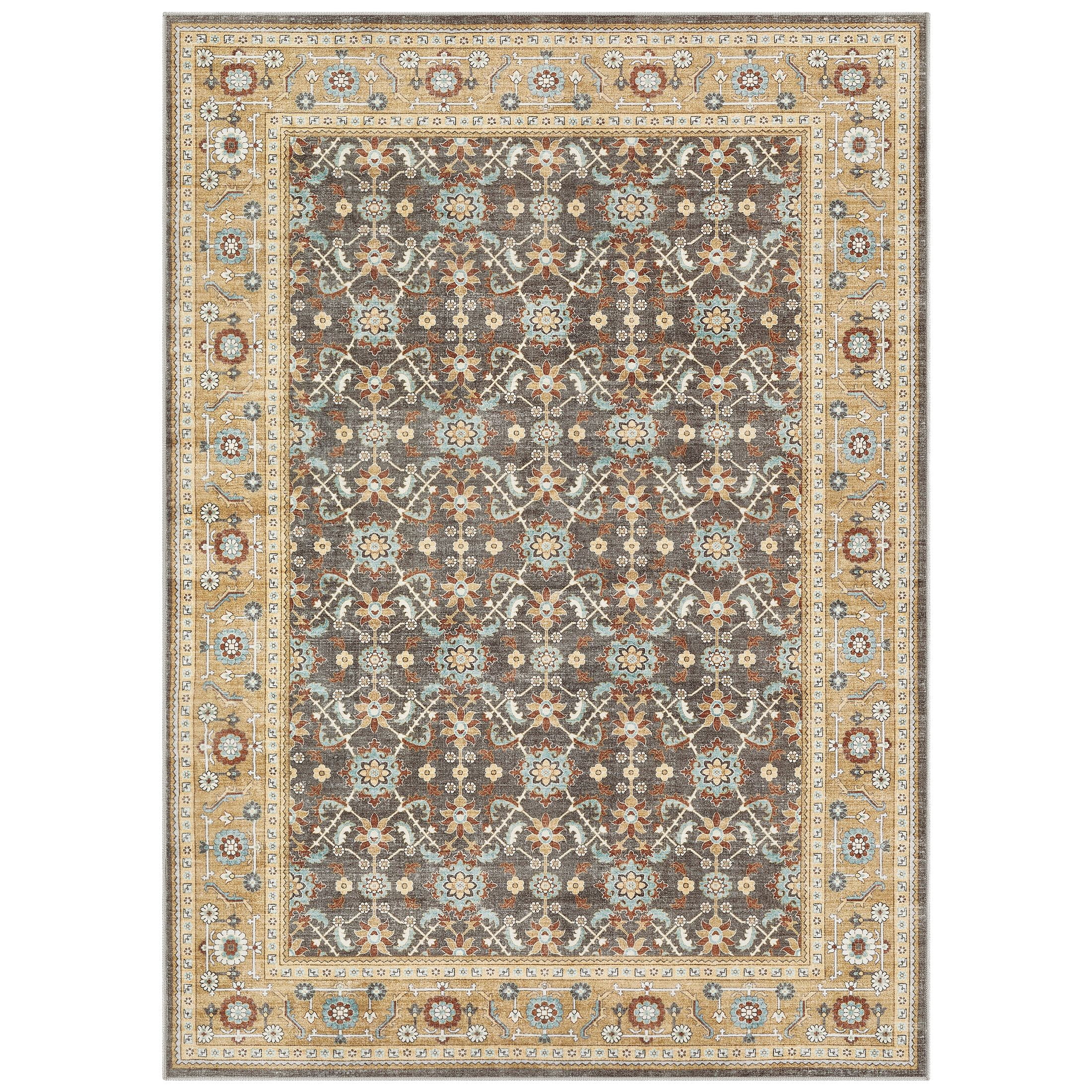 UERMEI Washable Area Rug, Boho Low-Pile Non-Slip Carpet for Living Room and Bedroom (Brown, 5 ft x 7 ft) un0zo