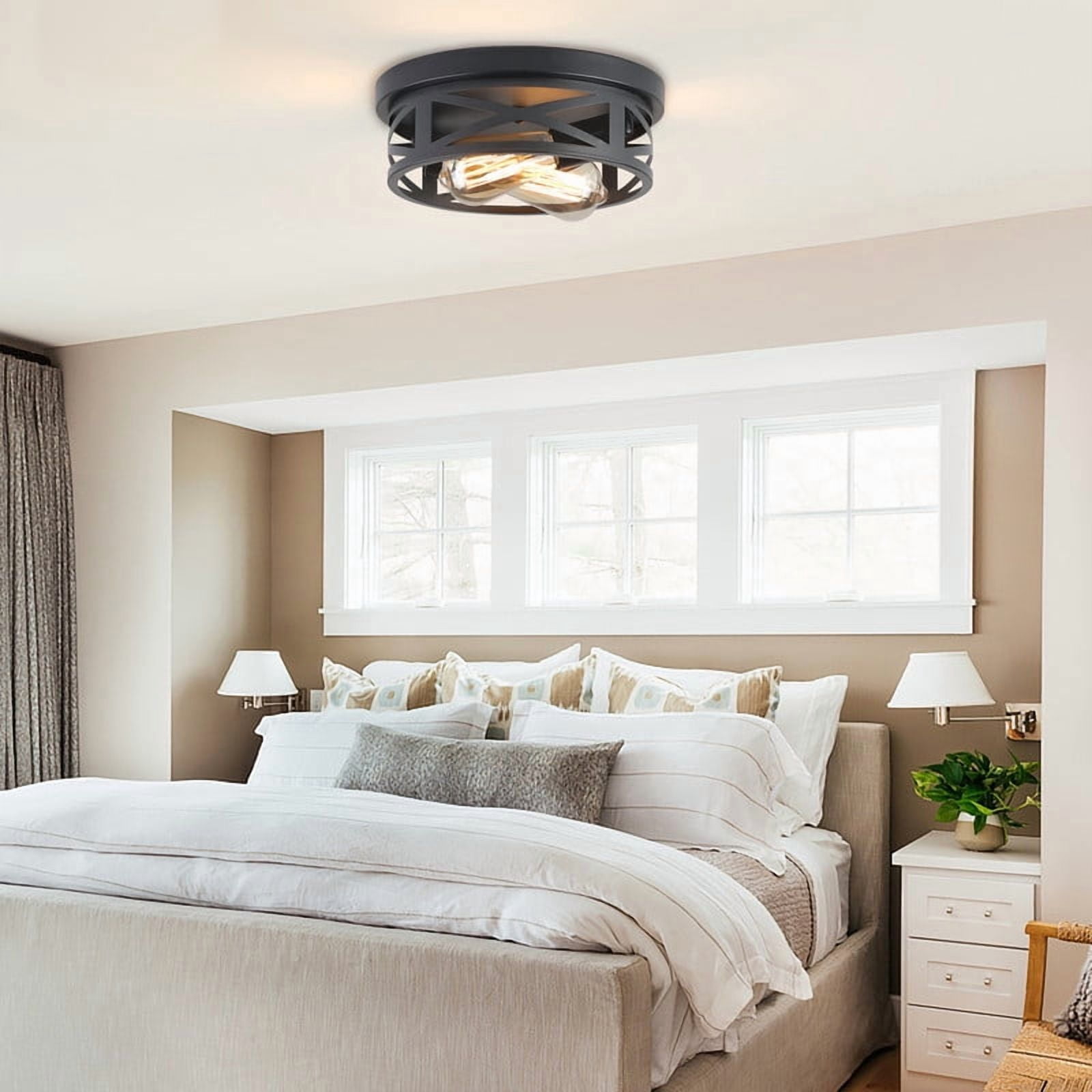 GCGAFUL Farmhouse Flush Mount Ceiling Light, Vintage Round Metal Fixture for Kitchen and Bedroom (Matte Black, 10.8 in, 2 Pack) yyrij