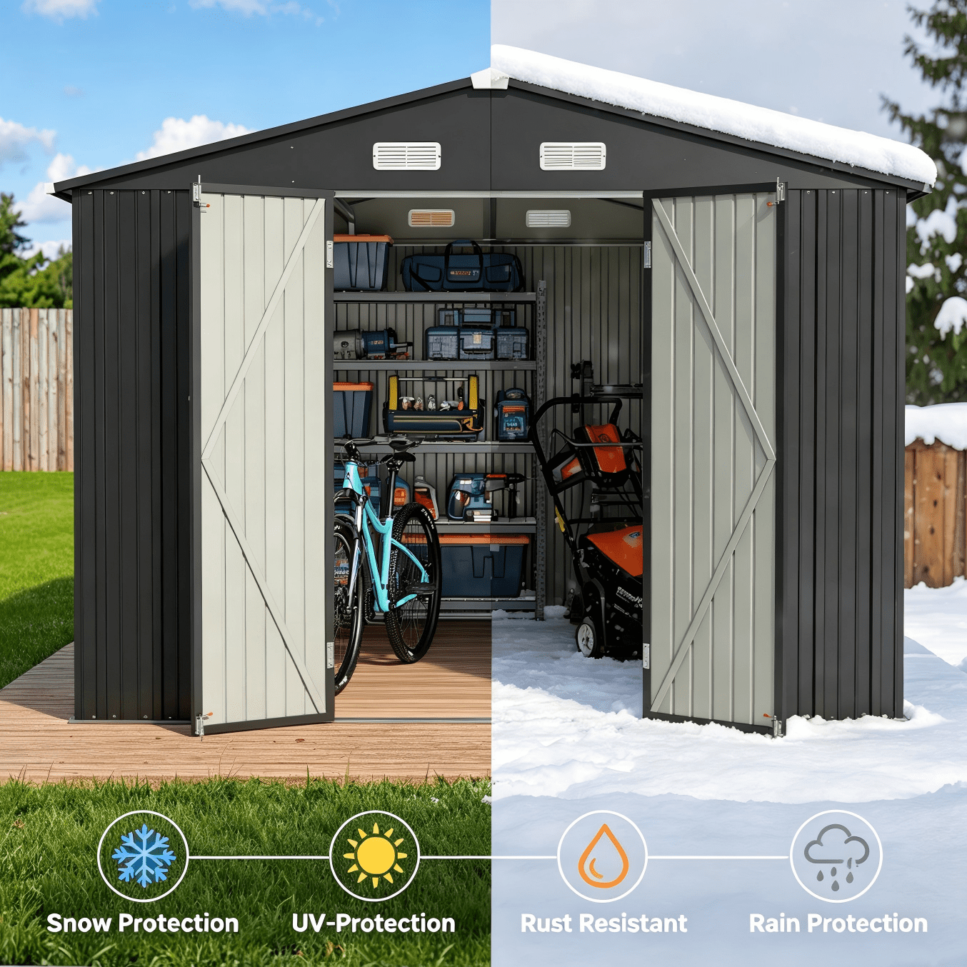 Lofka 10x10 ft Outdoor Storage Shed, Waterproof Galvanized Steel Garden Shed with Lockable Doors (Dark Gray) n2te0