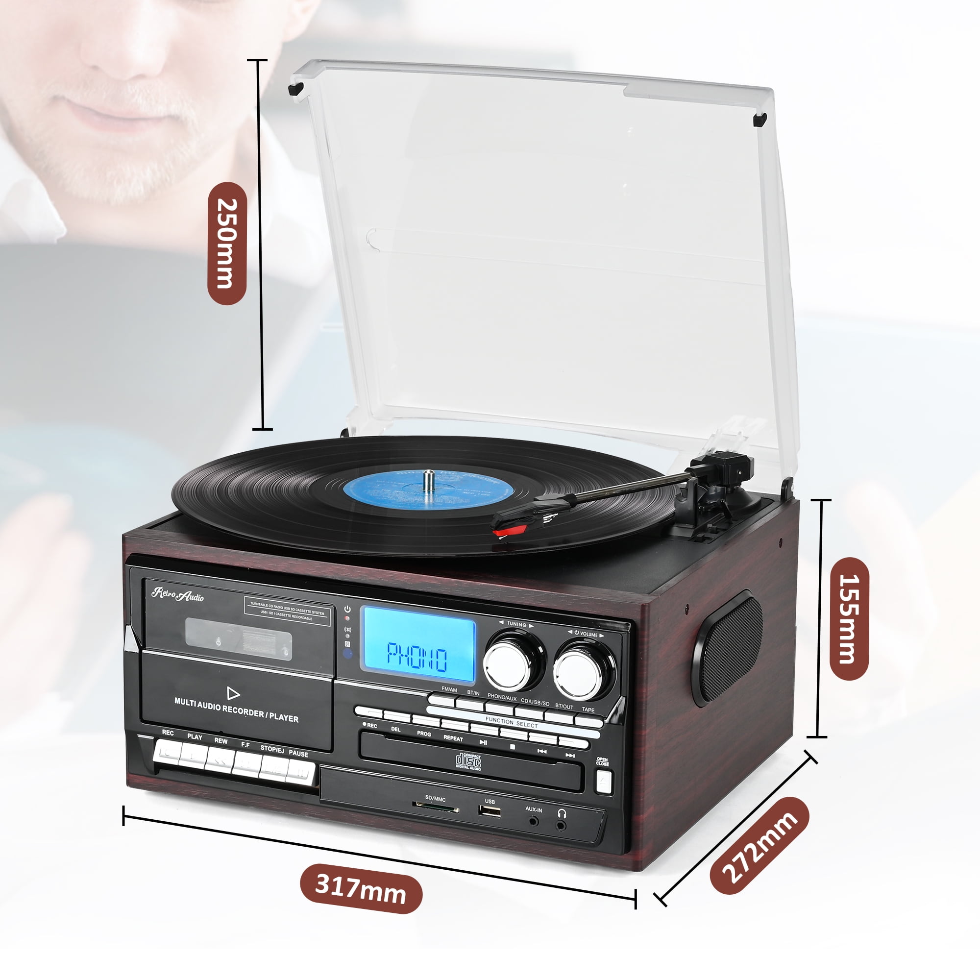 RetroAudio 10-in-1 Vintage Turntable System with Bluetooth, CD, Cassette, AM/FM Radio, and USB Recording (Red) 6i40e