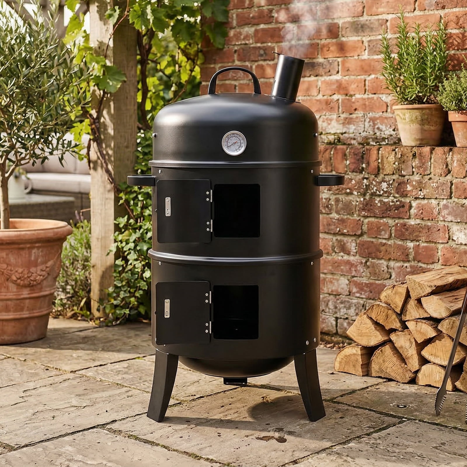 DIANJIE Vertical Meat Smoker, Heavy-Duty Outdoor BBQ Grill with Chimney (Black, 16.9 in x 20.5 in x 33.5 in) c7o04