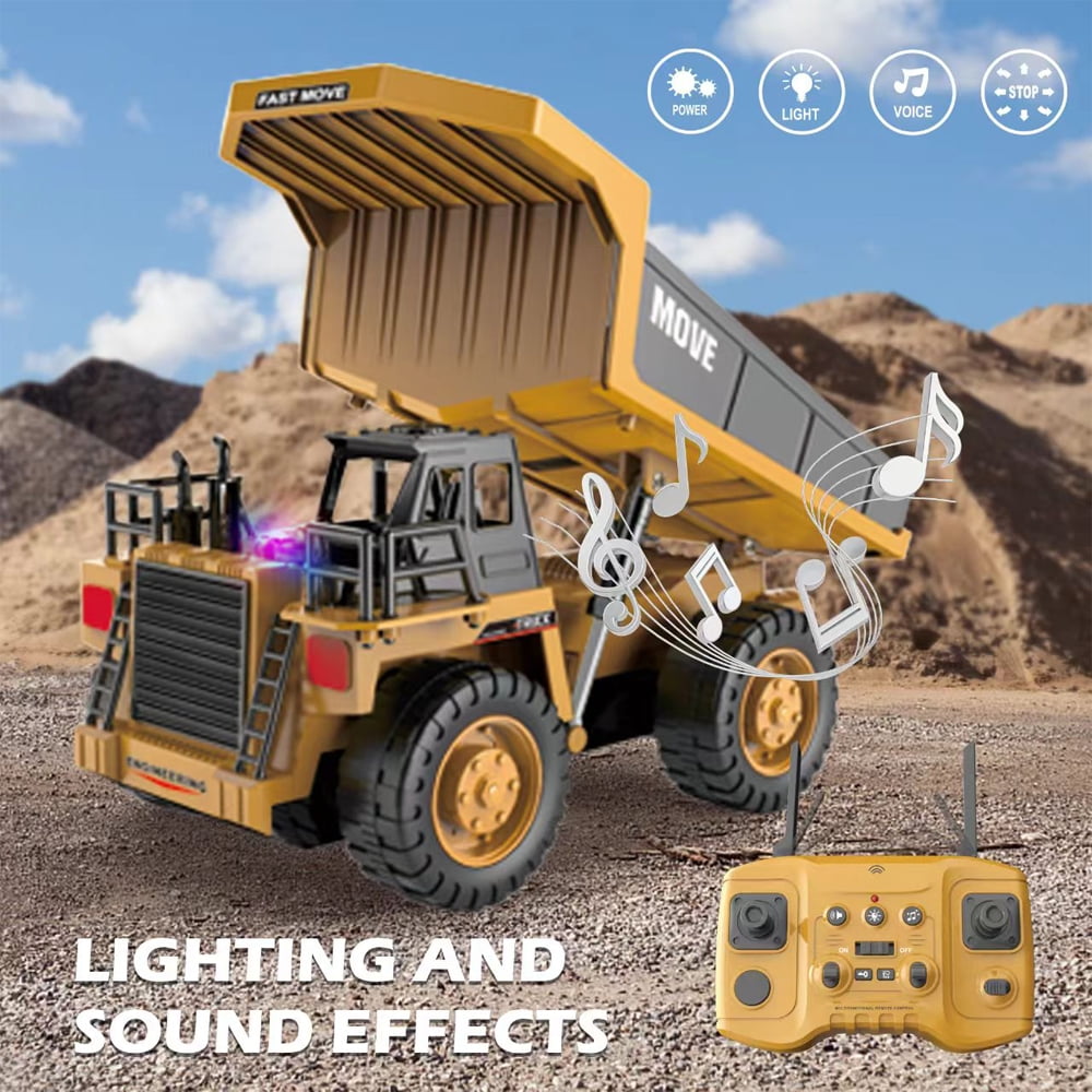 TZDZRC Remote Control Dump Truck 13 Channel 4WD RC Construction Vehicle with Lights and Sounds (Yellow, 2 Batteries) zuhxr