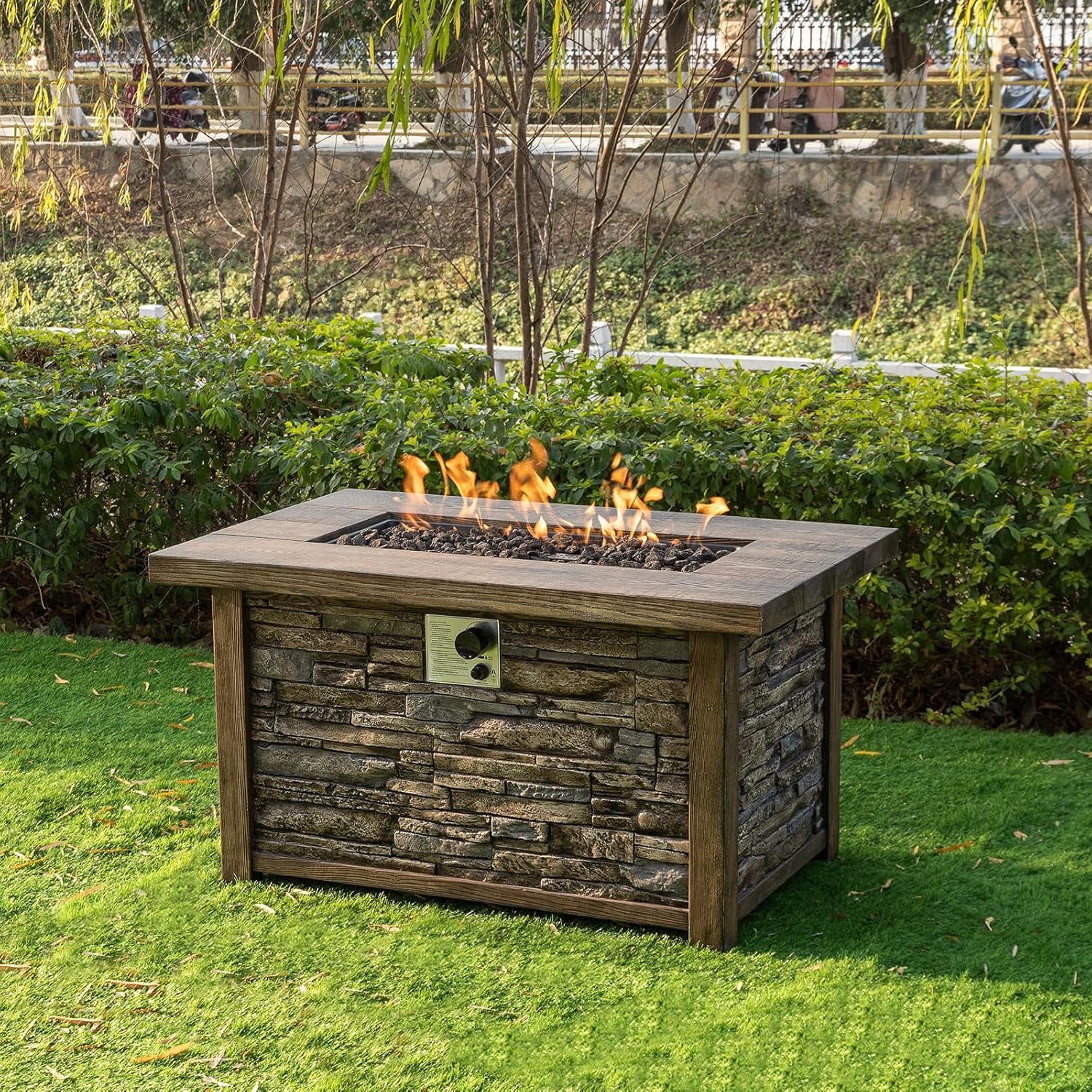 Afterglow Rectangular TerraFab Propane Fire Pit Table with Weather Cover and Lava Rocks (Brown, 43.5 in L x 27.36 in W x 23.8 in H) nn6lw