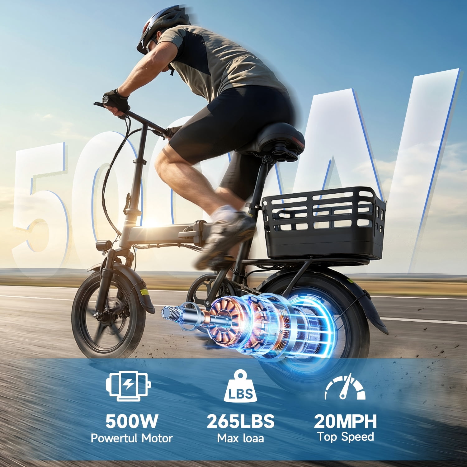 XKJQTA Electric Bike for Adults, Folding Ebike with 500W Motor, 48V 12AH Battery, Multi-Shock Absorption (Black, 14 in) ubk3z