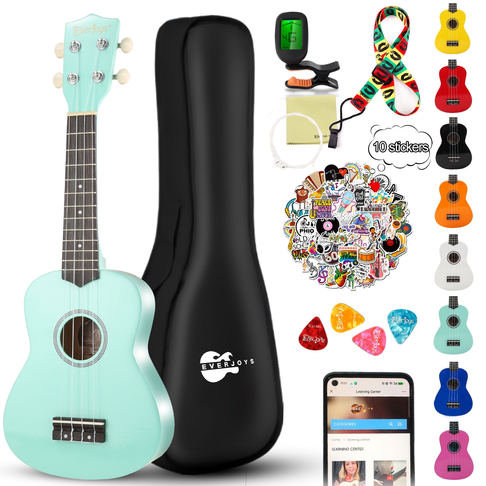 Everjoys 21 in Soprano Ukulele Beginner Kit with Gig Bag and Digital Tuner (Green, 21 in) 2ddo4