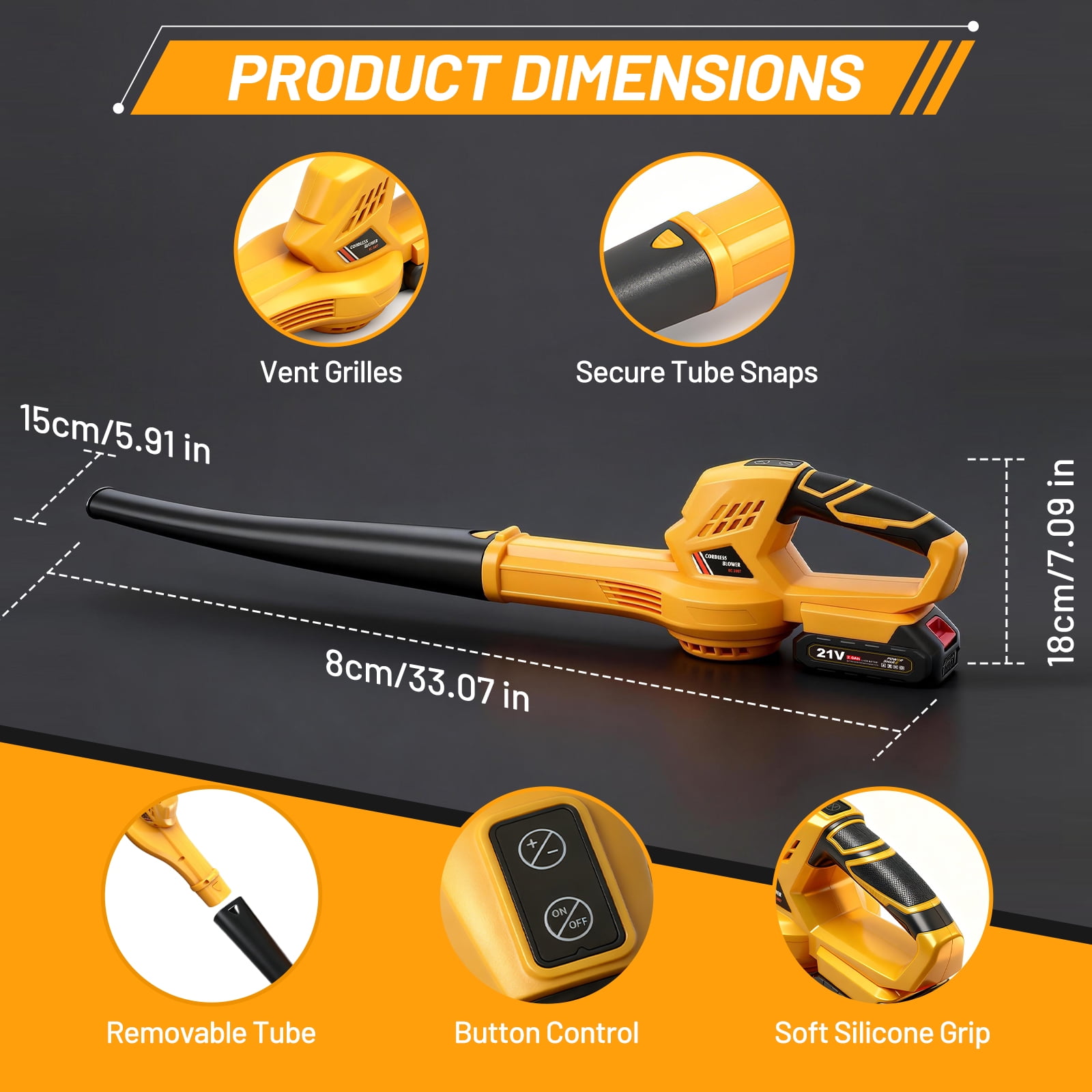 BAOKALER Cordless Leaf Blower, 6-Speed Electric Sweeper with 2 Batteries (Yellow, 3.5 lb) sw07u